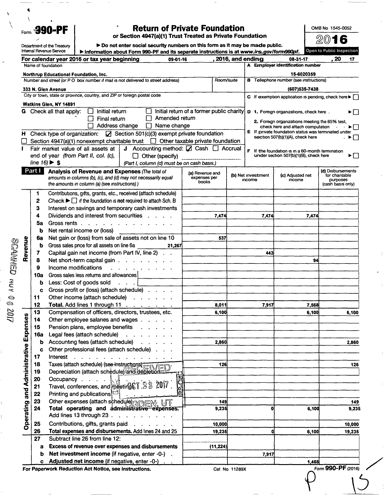 Image of first page of 2016 Form 990PF for Northrup Educational Foundation