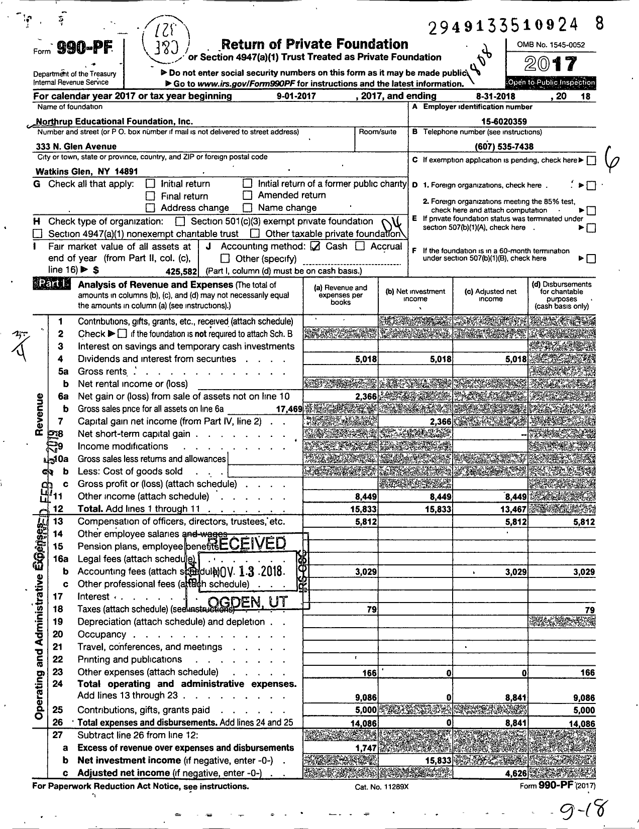Image of first page of 2017 Form 990PF for Northrup Educational Foundation