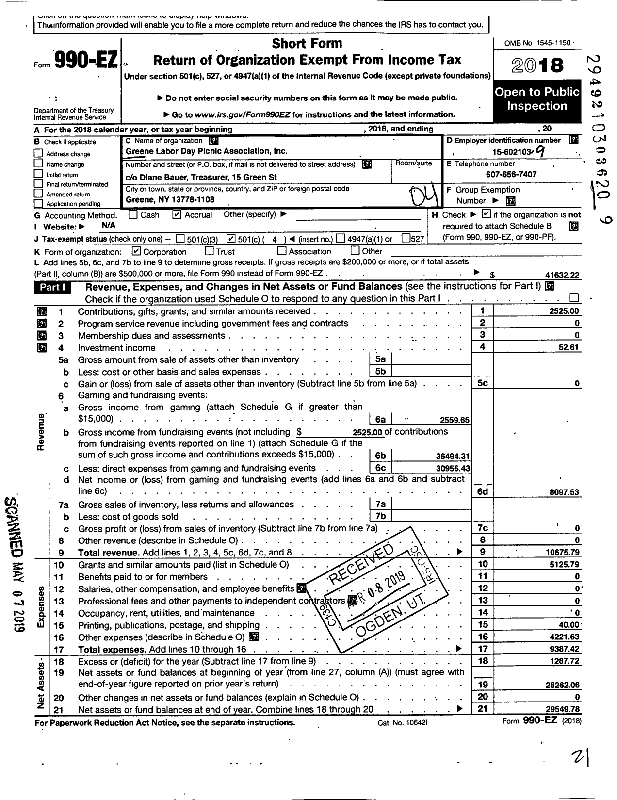 Image of first page of 2018 Form 990EO for Greene Community Labor Day Picnic Association