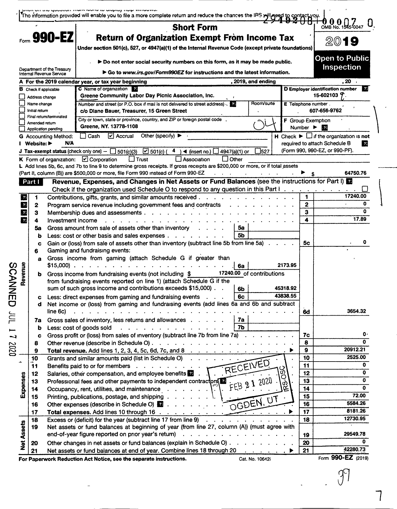 Image of first page of 2019 Form 990EO for Greene Community Labor Day Picnic Association