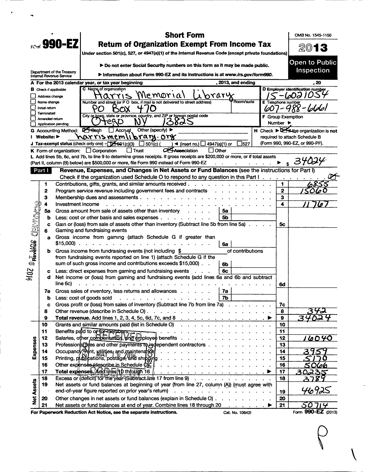 Image of first page of 2013 Form 990EZ for Harris Memorial Library