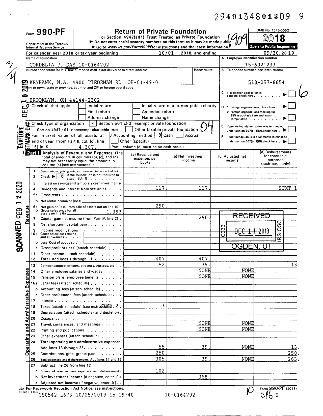 Image of first page of 2018 Form 990PF for The Day Fund Cordella P Day for Unatego