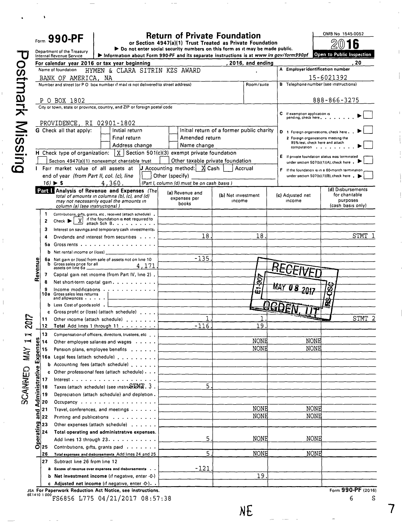 Image of first page of 2016 Form 990PF for Hymen and Clara Sitrin KZS Award