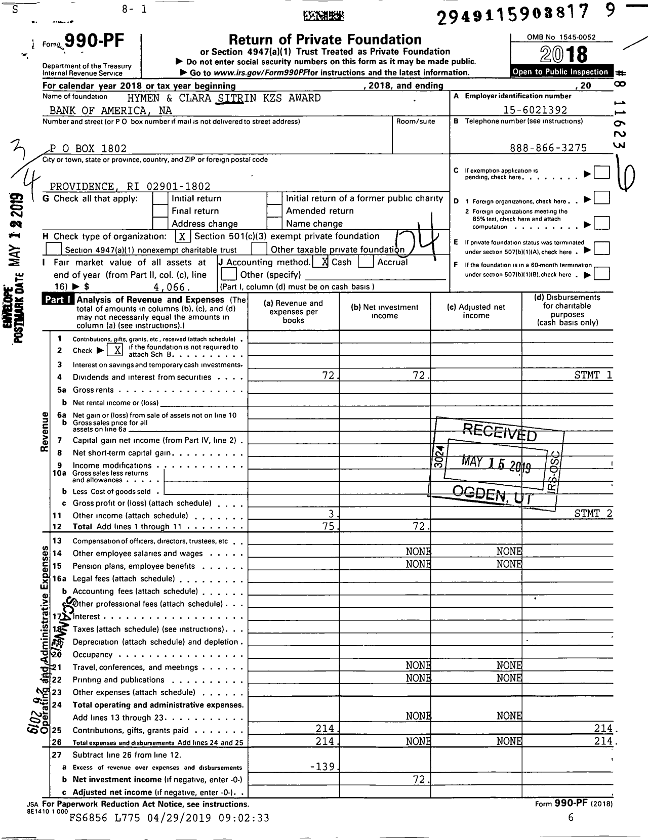 Image of first page of 2018 Form 990PF for Hymen and Clara Sitrin KZS Award