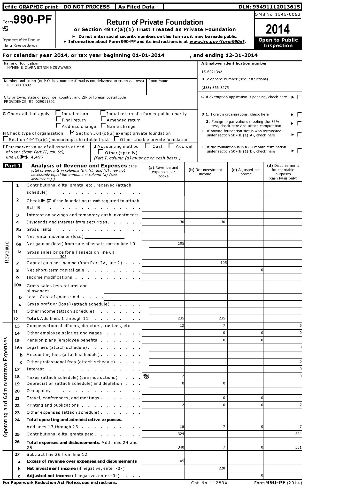 Image of first page of 2014 Form 990PF for Hymen and Clara Sitrin KZS Award