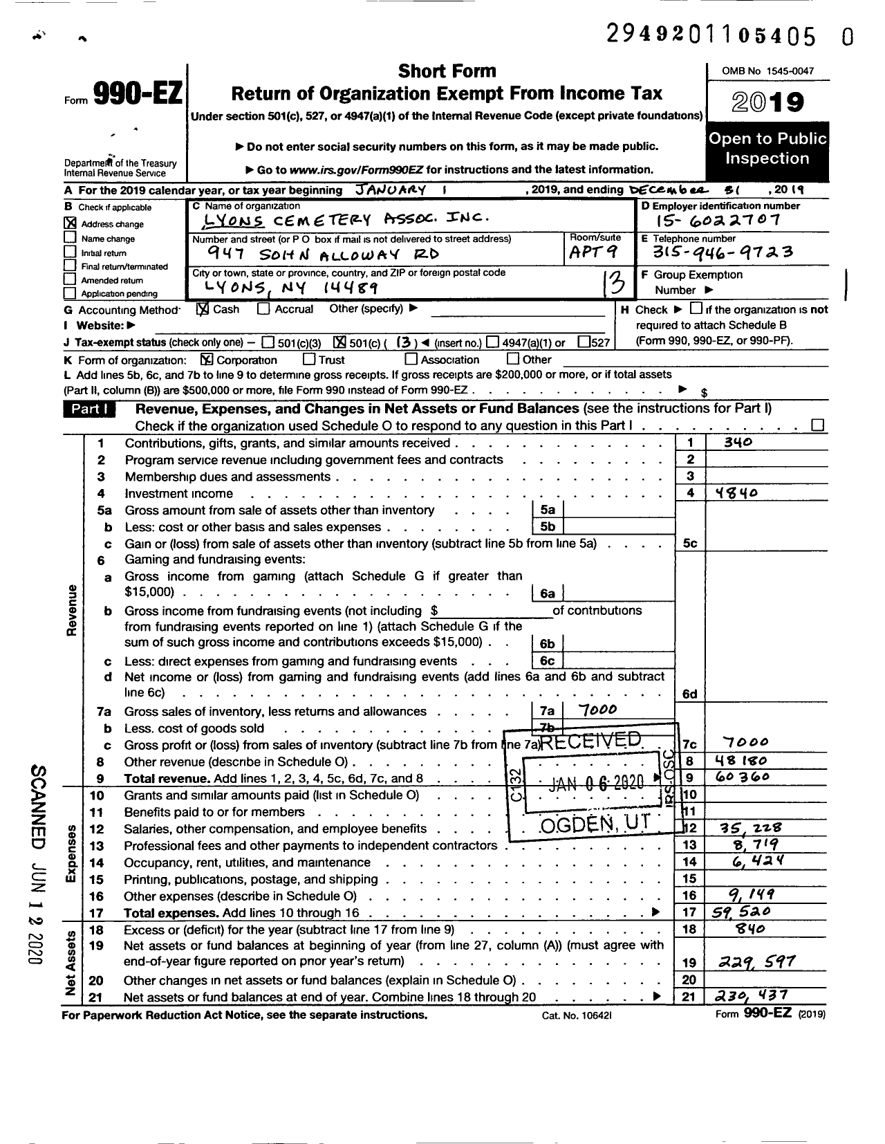 Image of first page of 2019 Form 990EO for Lyons Cemetery Association / Nancy M Collins