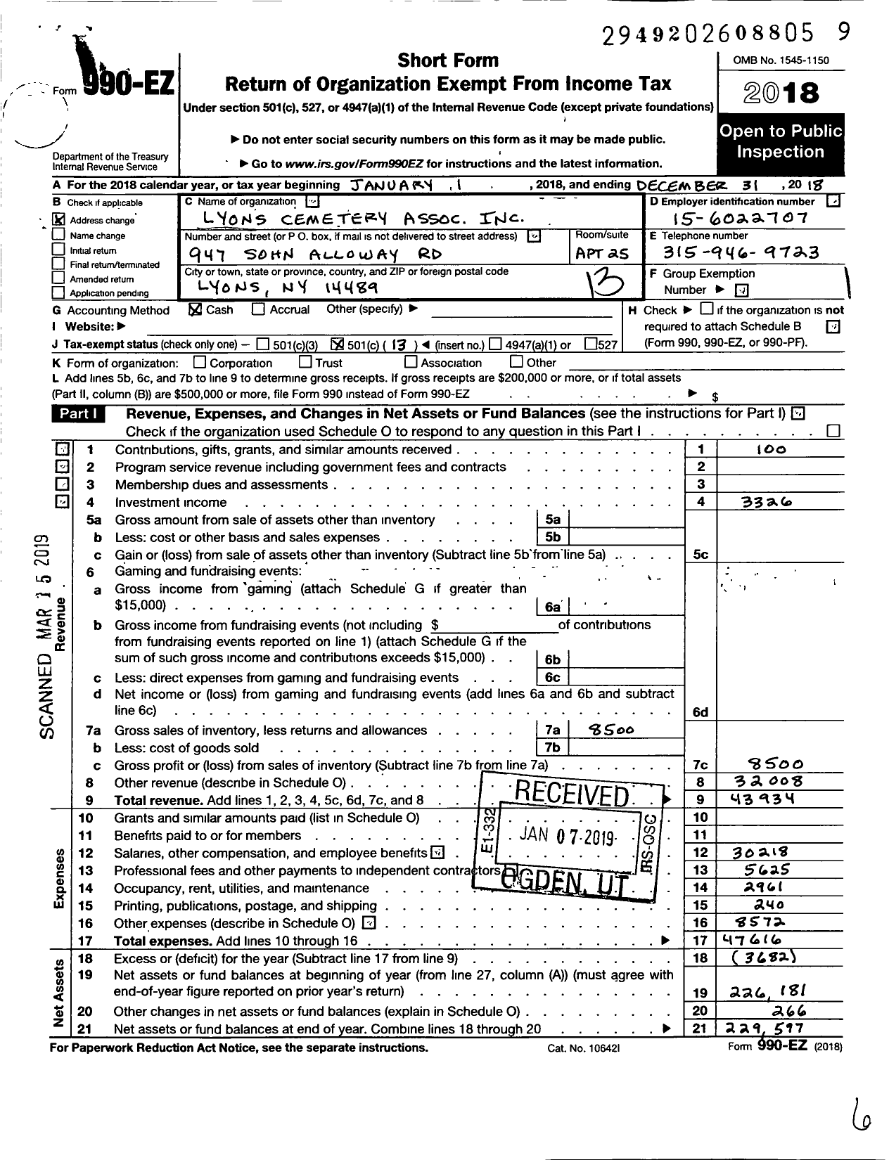 Image of first page of 2018 Form 990EO for Lyons Cemetery Association / Nancy M Collins