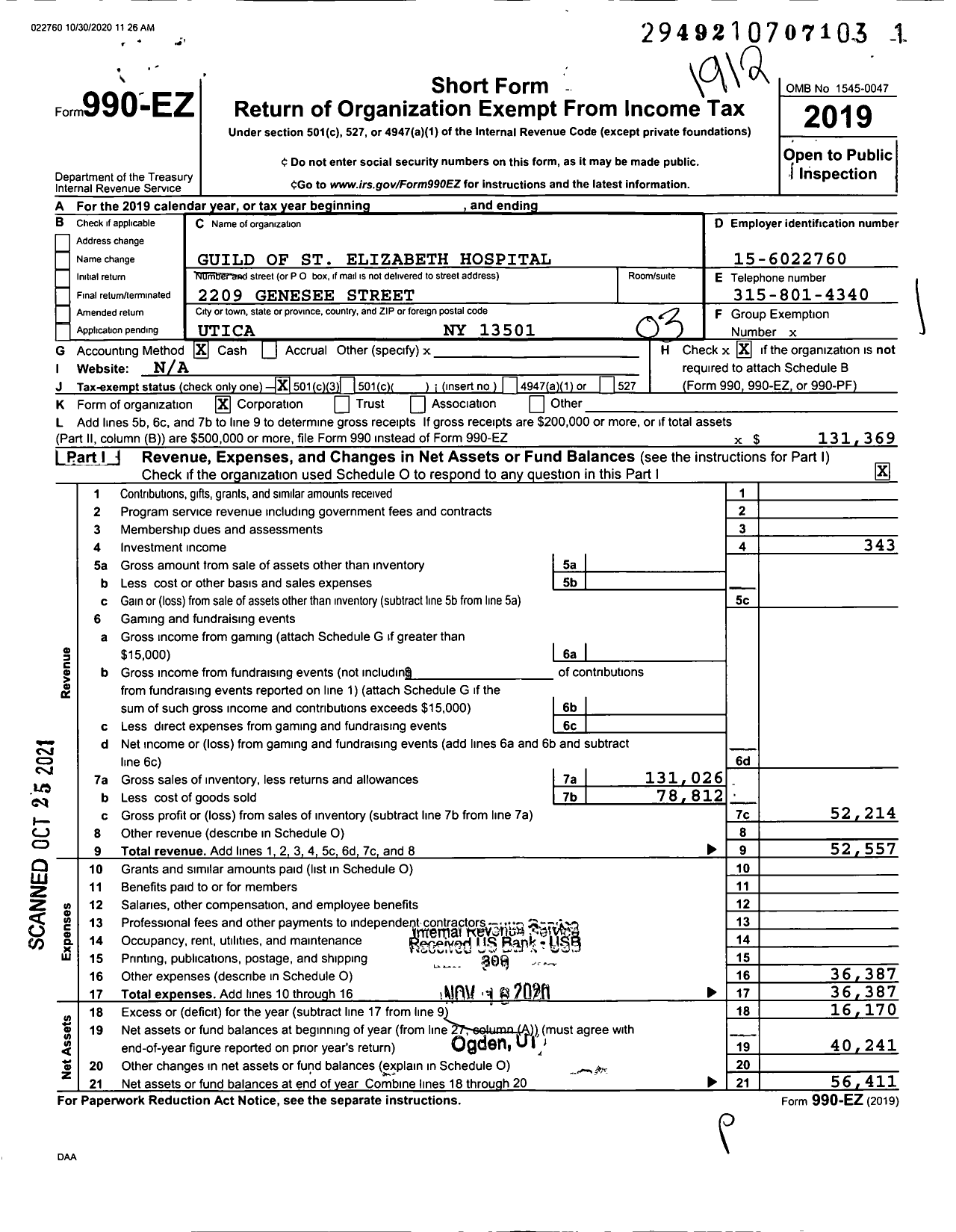 Image of first page of 2019 Form 990EZ for Guild of St Elizabeth Hospital