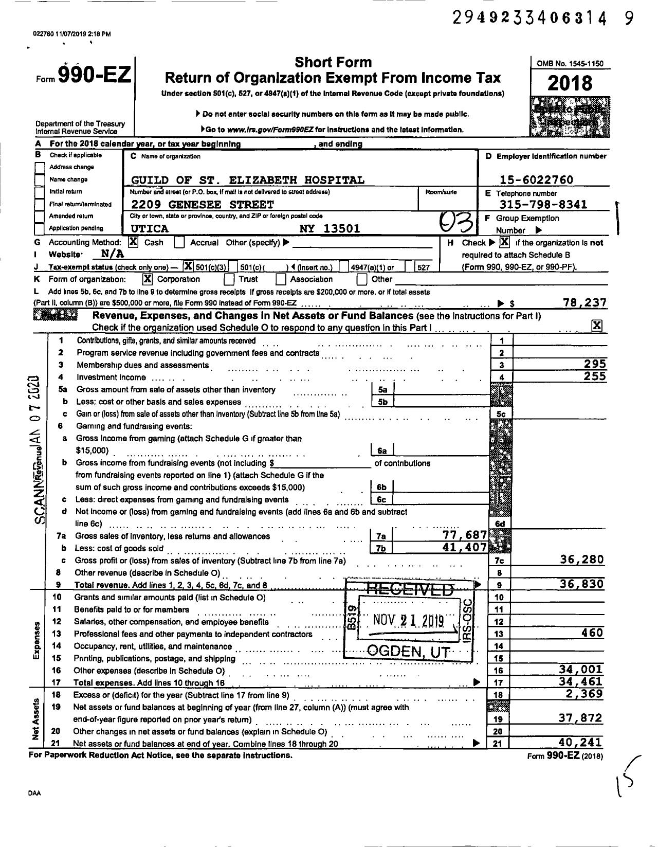 Image of first page of 2018 Form 990EZ for Guild of St Elizabeth Hospital