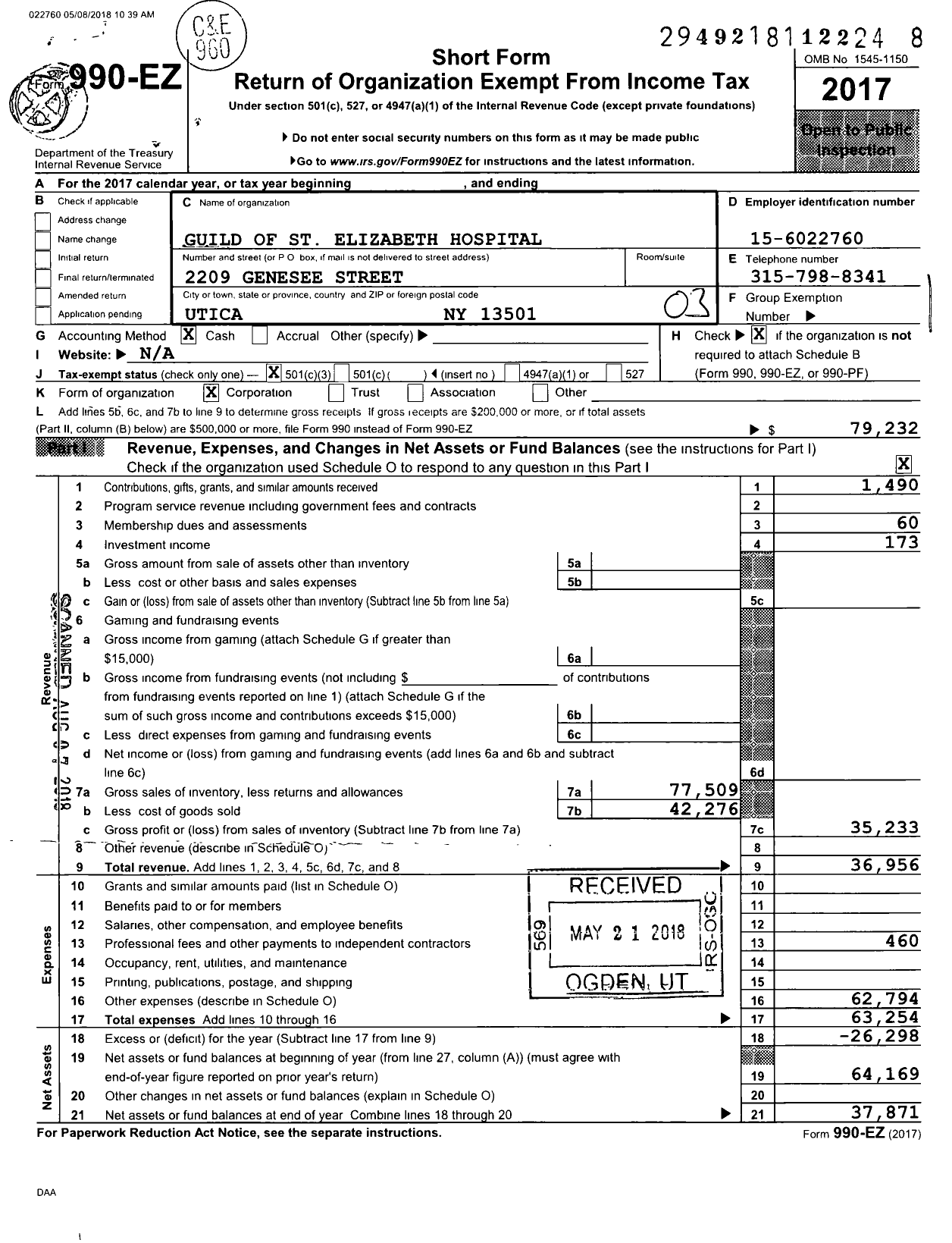 Image of first page of 2017 Form 990EZ for Guild of St Elizabeth Hospital