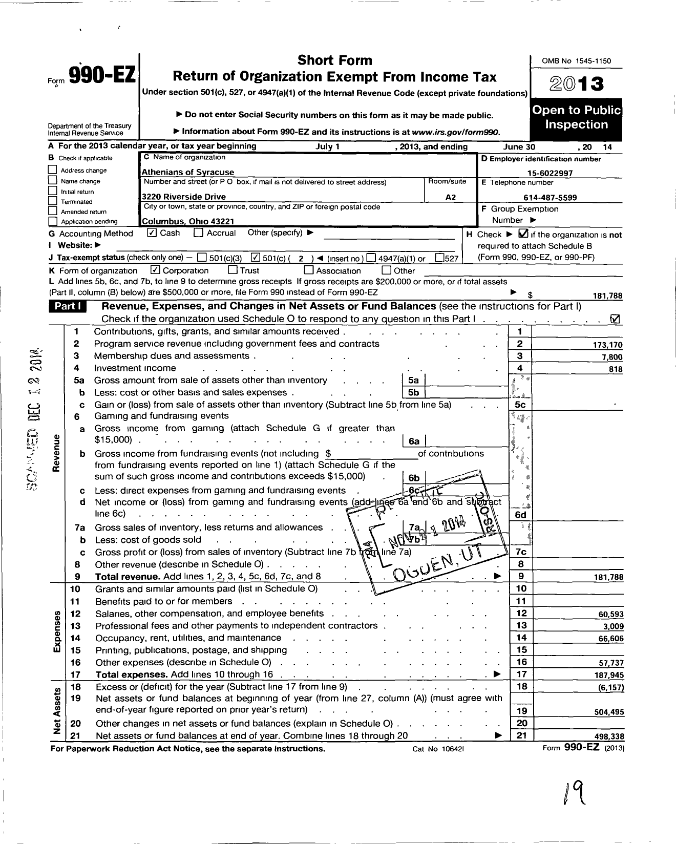 Image of first page of 2013 Form 990EO for Athenians of Syracuse