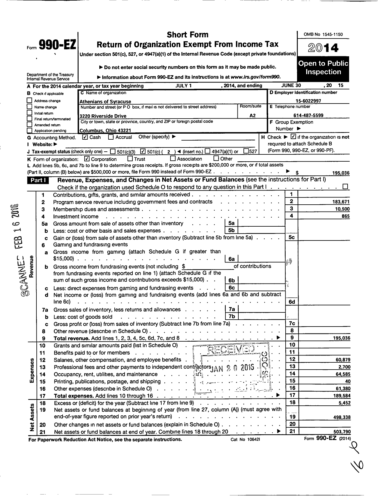 Image of first page of 2014 Form 990EO for Athenians of Syracuse