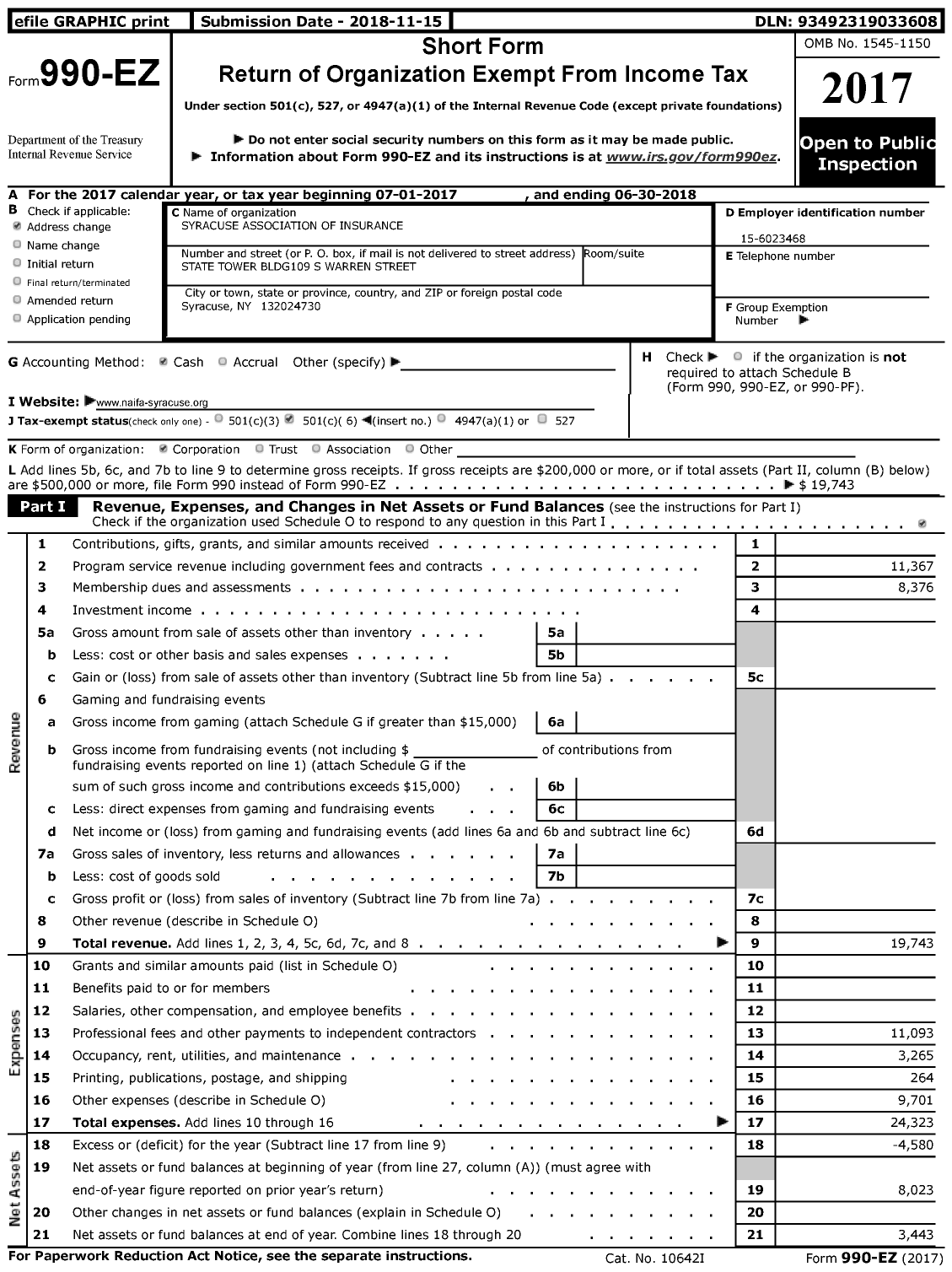 Image of first page of 2017 Form 990EZ for Syracuse Association of Insurance and Financial Advisors