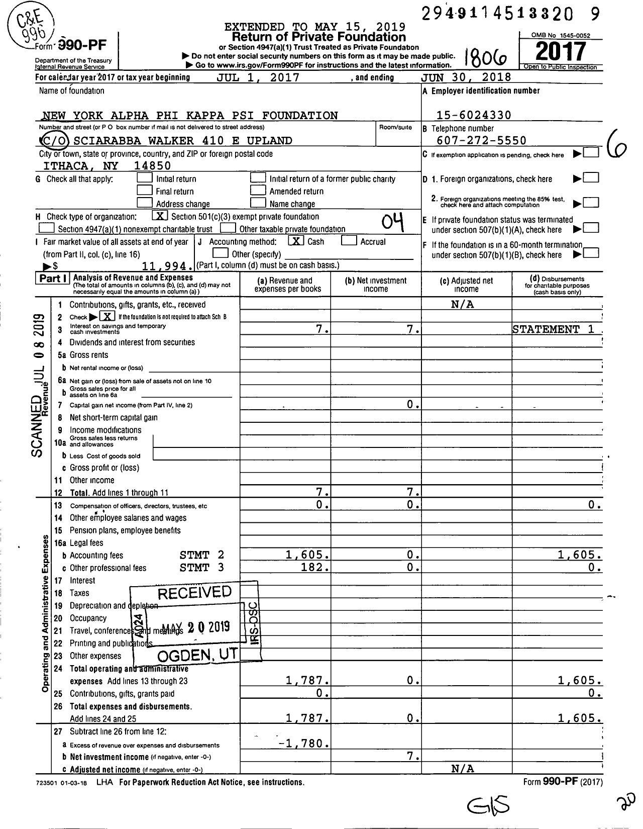 Image of first page of 2017 Form 990PF for New York Alpha Phi Kappa Psi Foundation