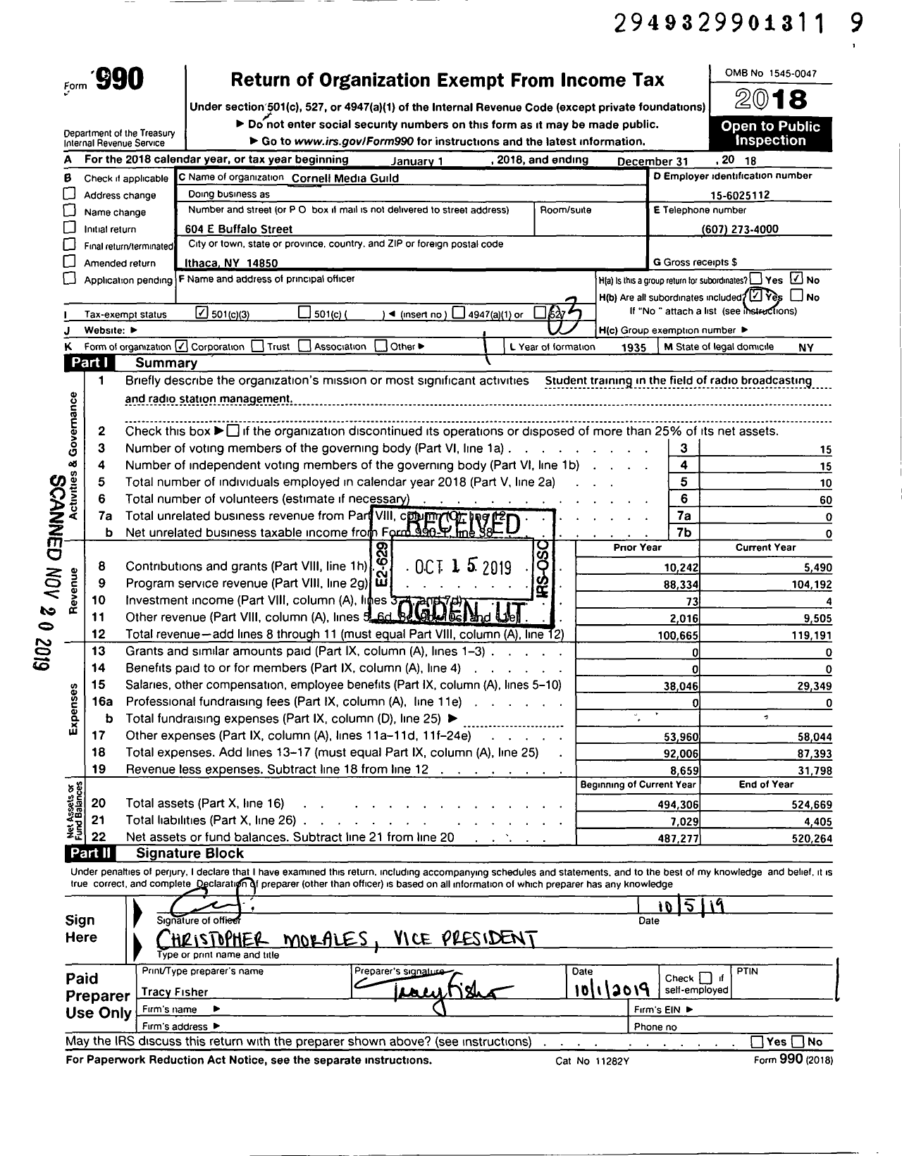 Image of first page of 2018 Form 990 for Cornell Media Guild