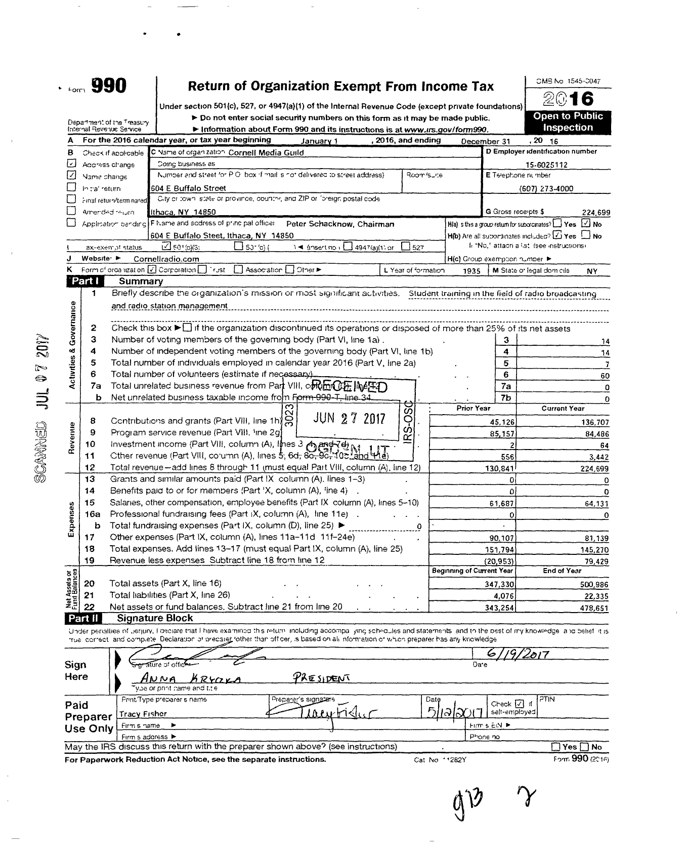 Image of first page of 2016 Form 990 for Cornell Media Guild