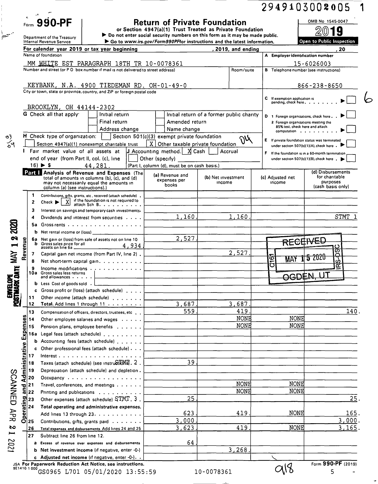 Image of first page of 2019 Form 990PF for MM White Est Paragraph 18th Trust