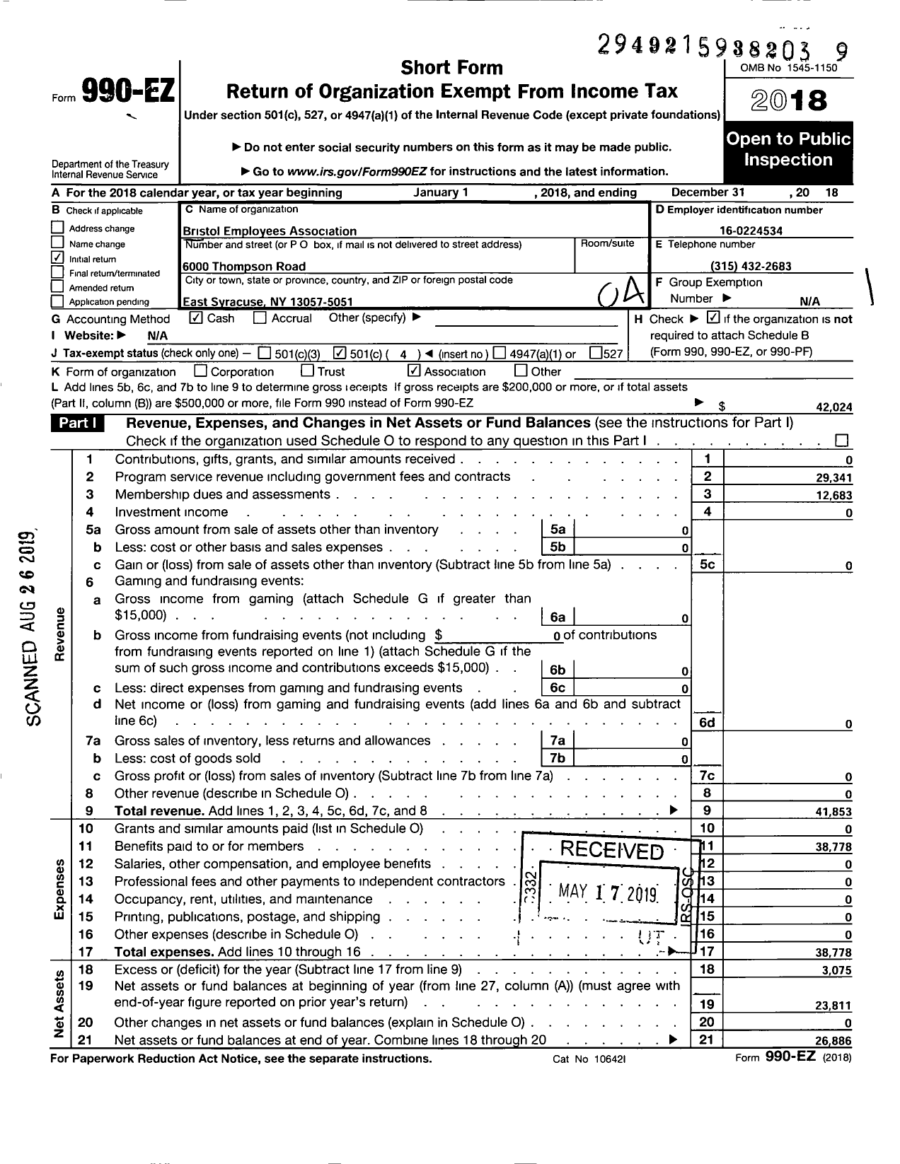 Image of first page of 2018 Form 990EO for Syracuse Events Club