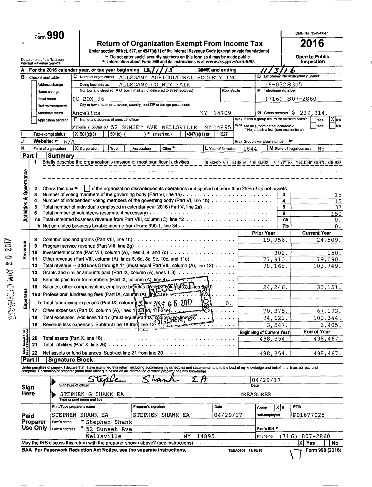 Image of first page of 2015 Form 990 for ALLEGANY County Fair
