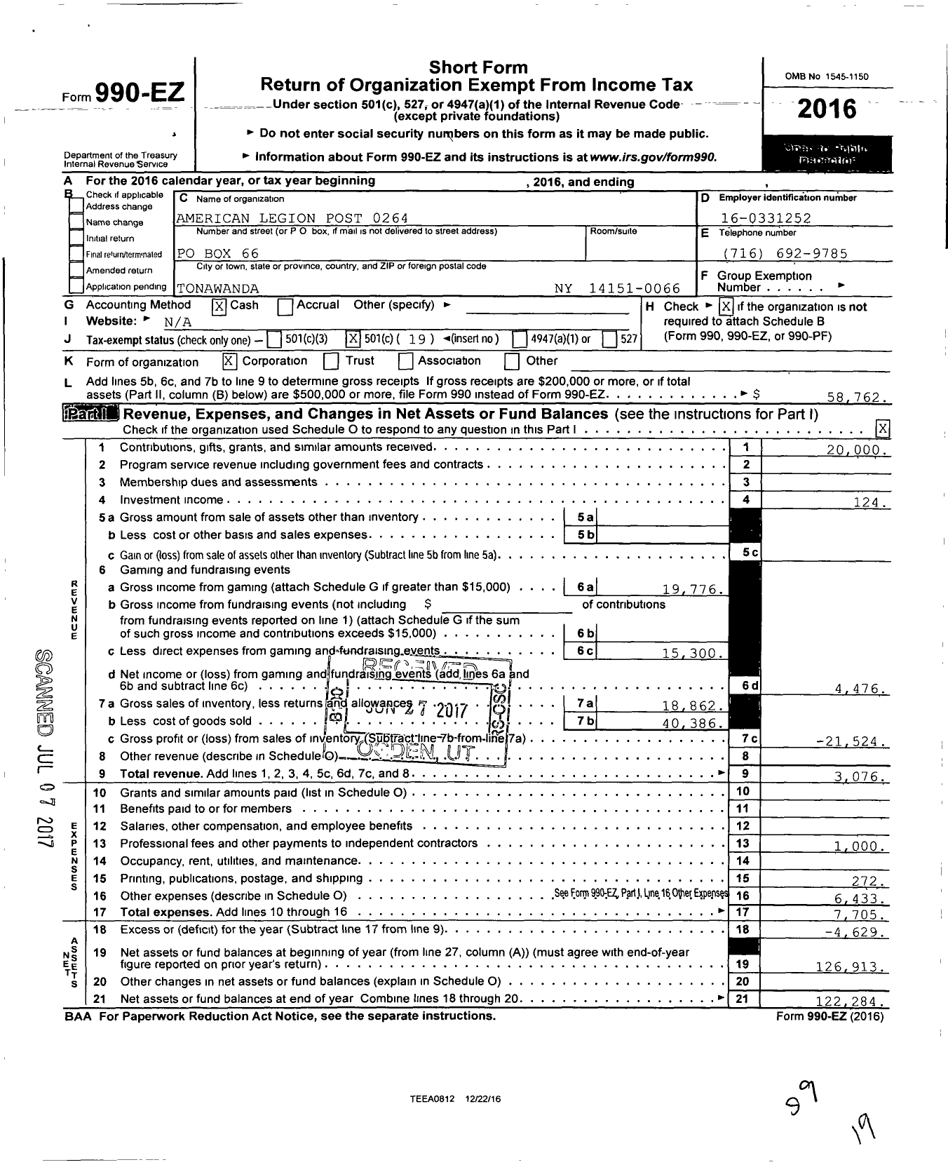 Image of first page of 2016 Form 990EO for American Legion - 0264 the Tonawandas Post