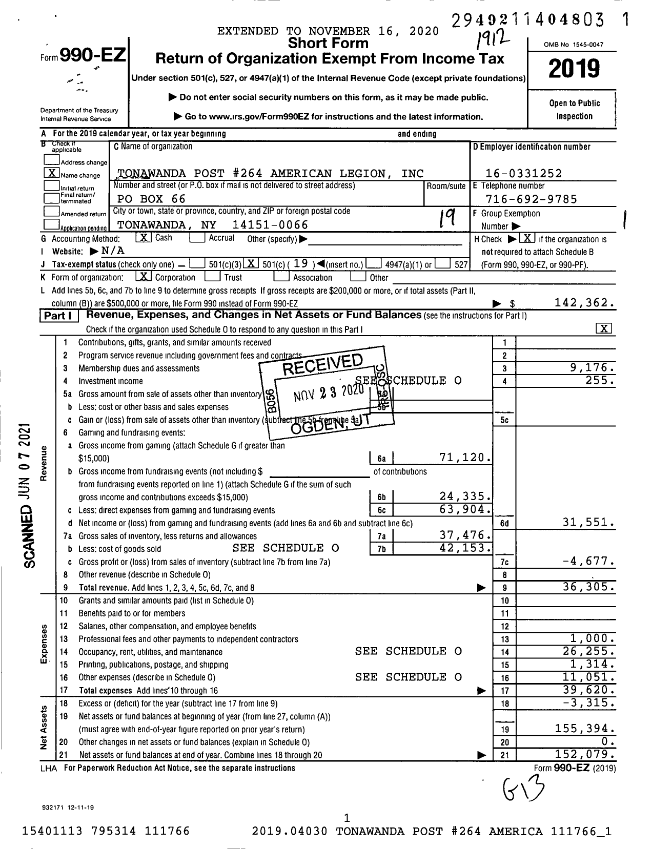 Image of first page of 2019 Form 990EO for American Legion - 0264 the Tonawandas Post