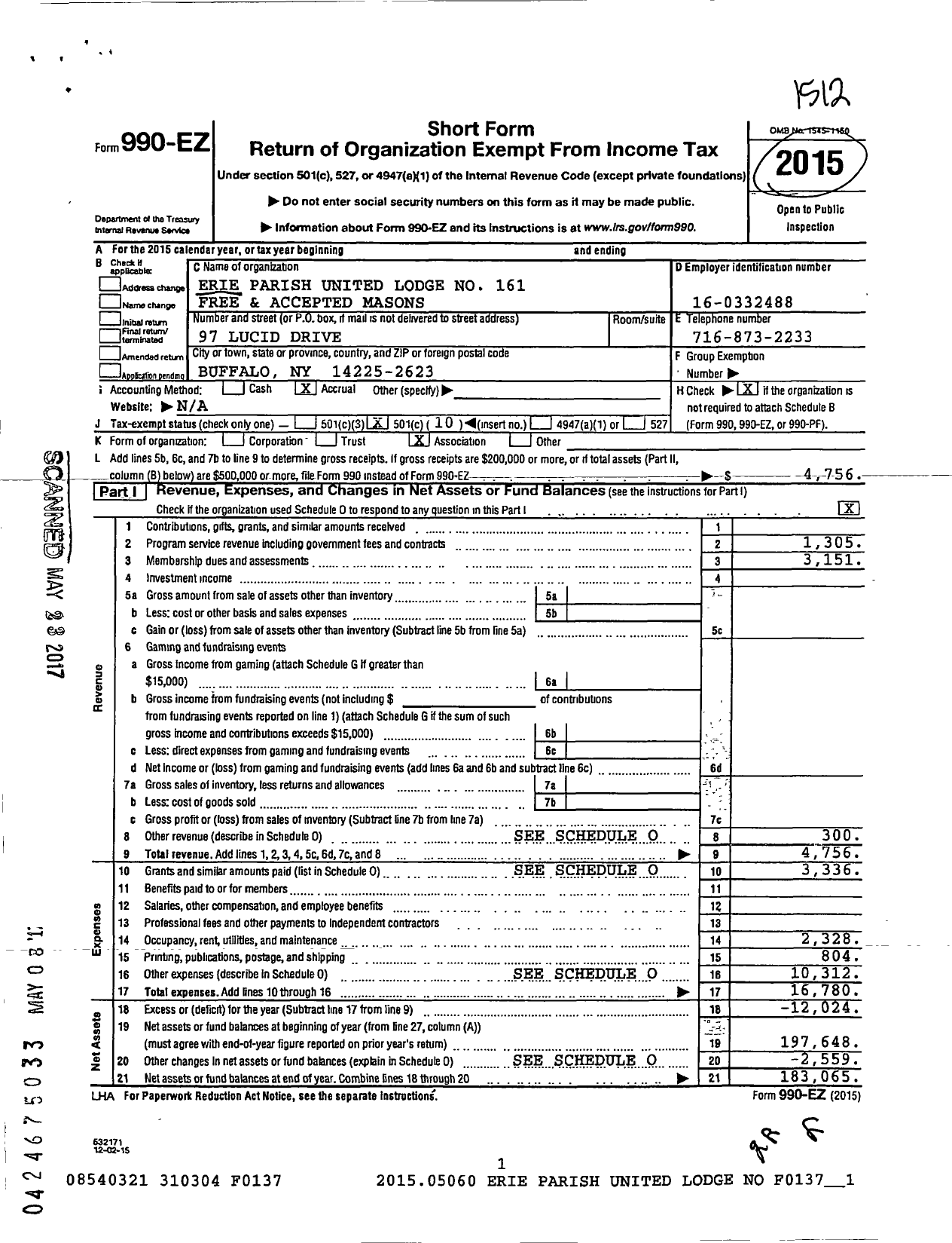 Image of first page of 2015 Form 990EO for Erie Parish United Lodge No 161 F and A M