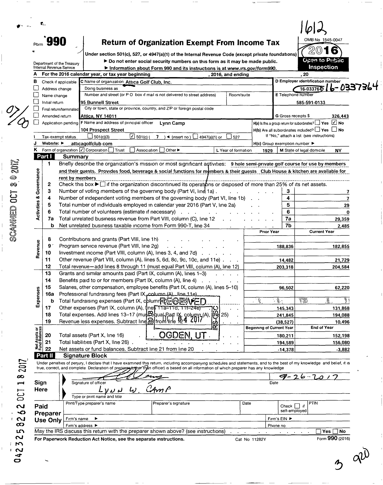 Image of first page of 2016 Form 990O for Attica Golf Club