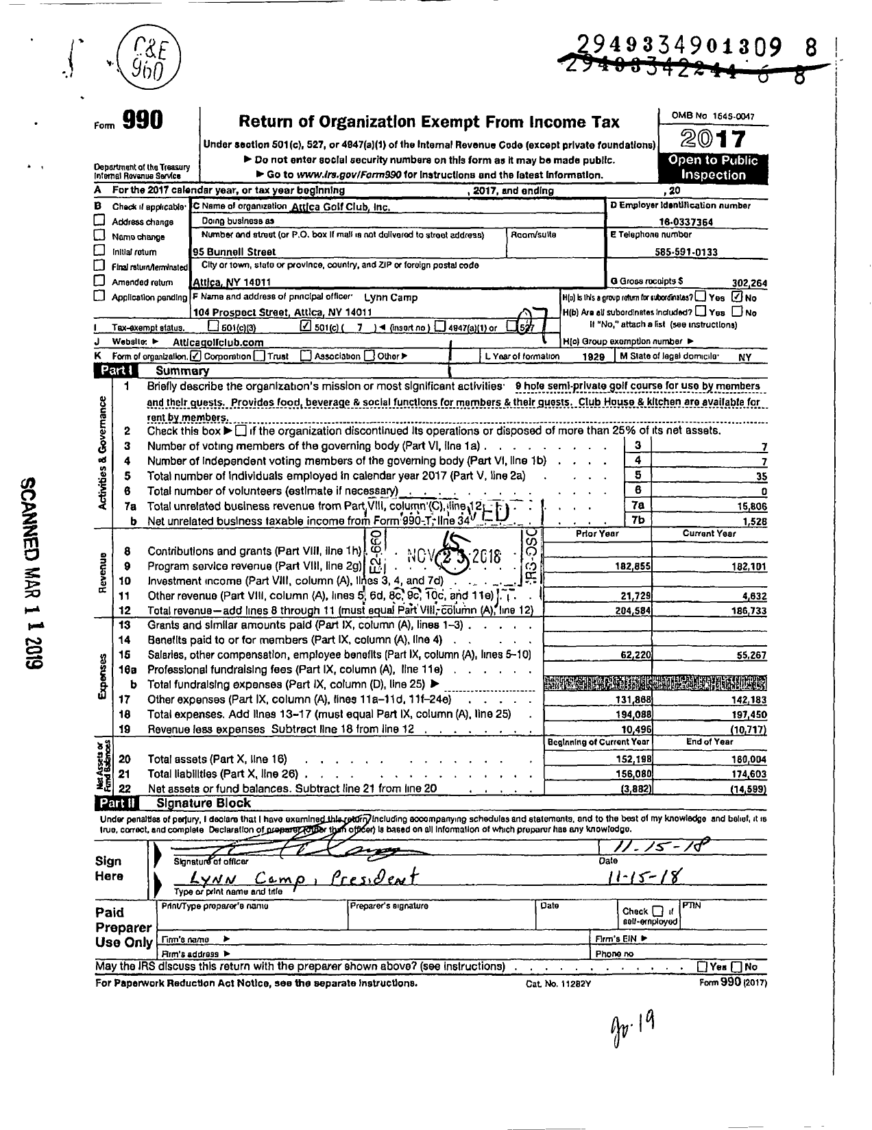 Image of first page of 2017 Form 990O for Attica Golf Club