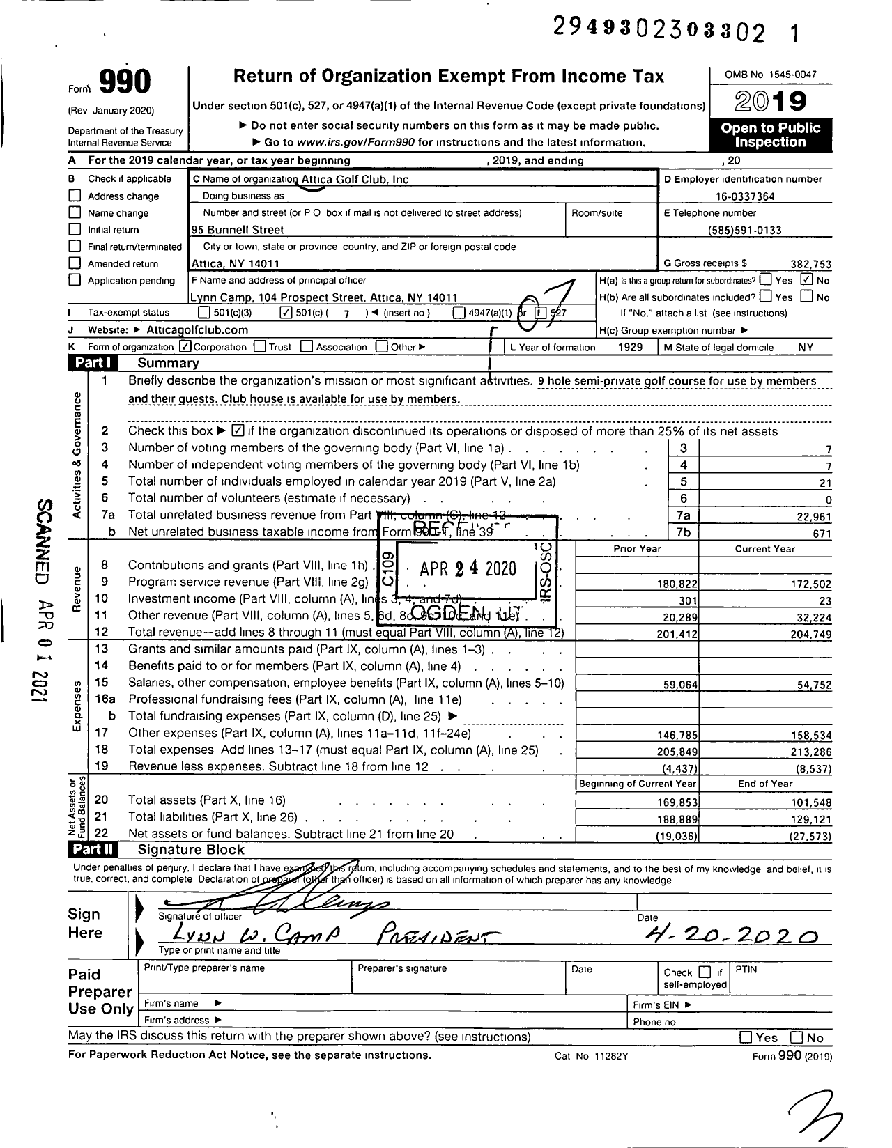 Image of first page of 2019 Form 990O for Attica Golf Club