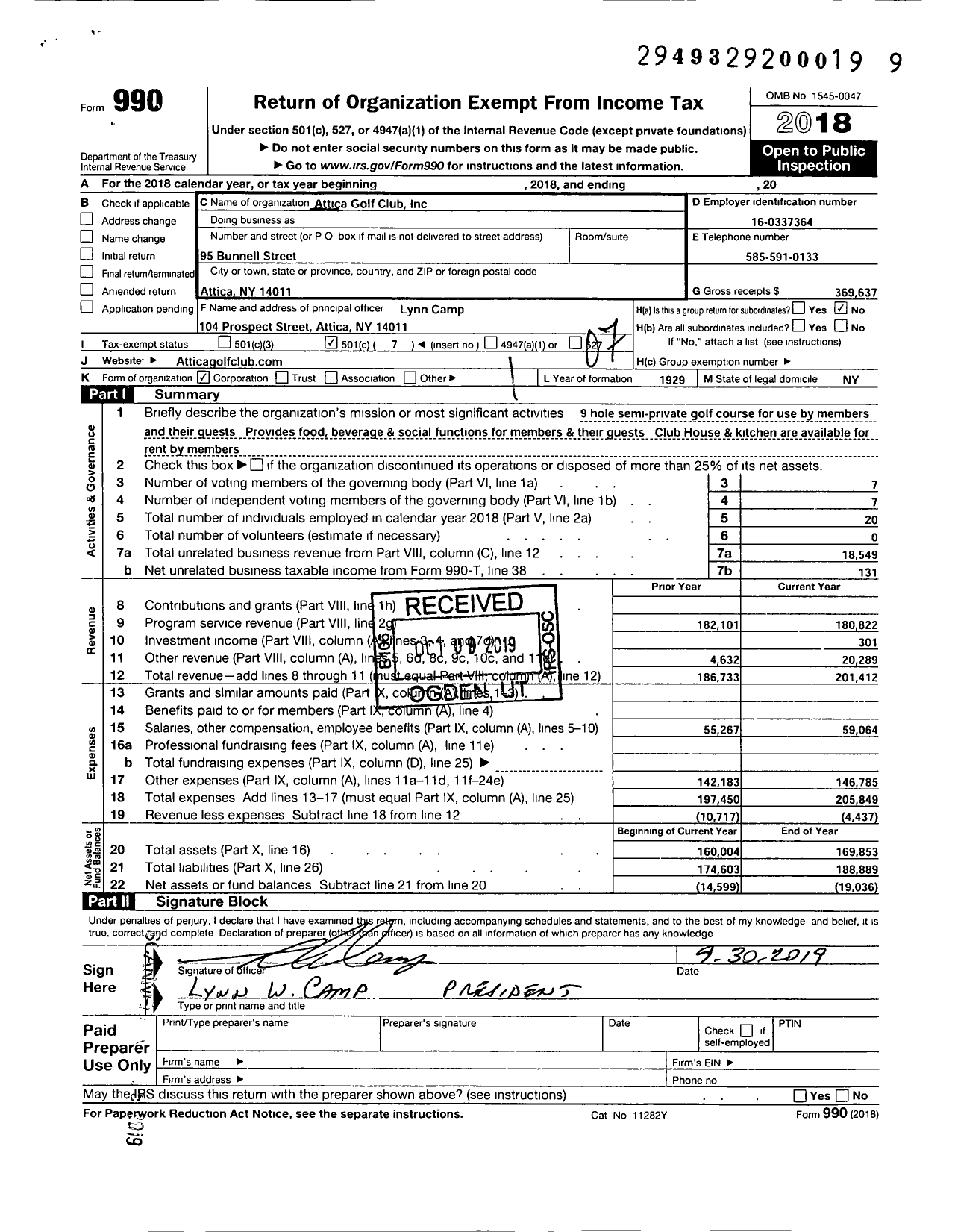 Image of first page of 2018 Form 990O for Attica Golf Club