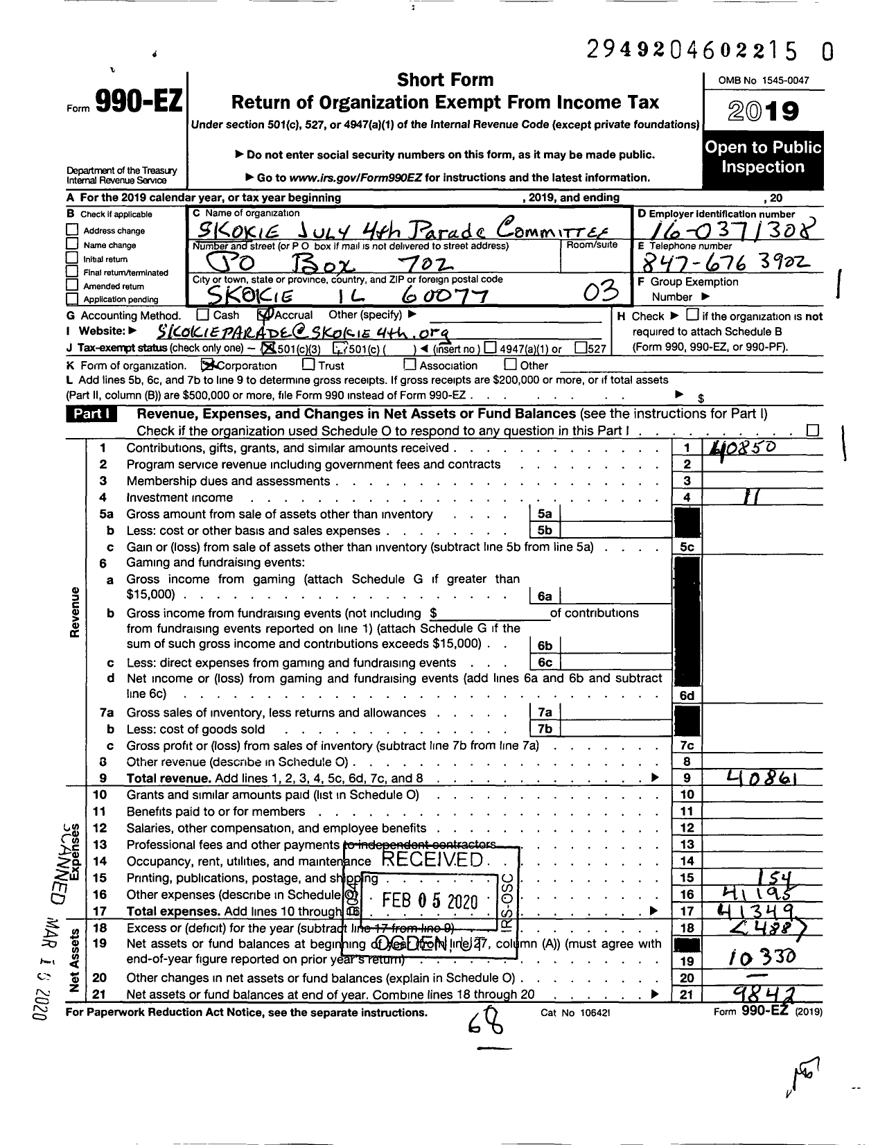 Image of first page of 2019 Form 990EZ for Skokie July 4th Parade Committee