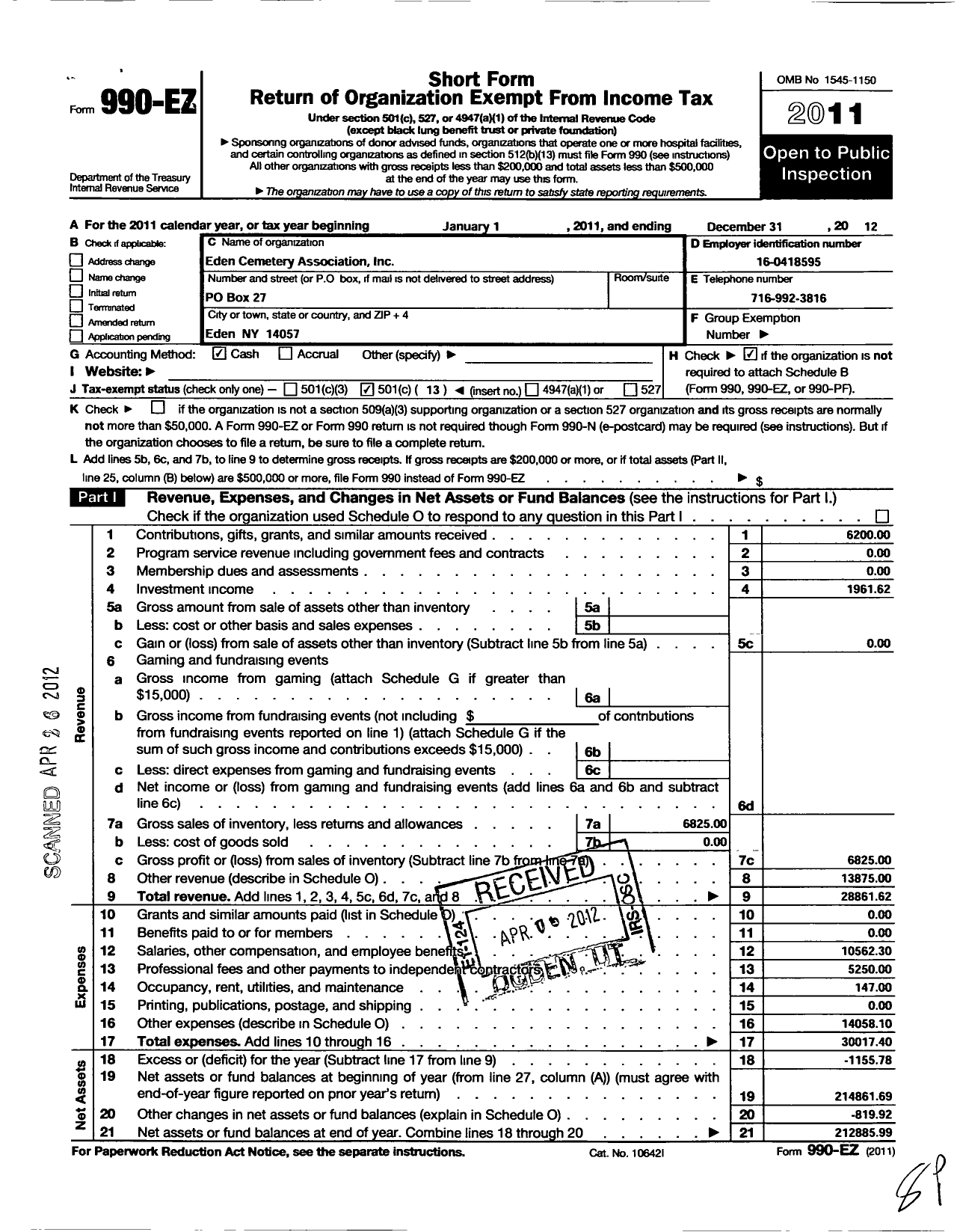 Image of first page of 2011 Form 990EO for Eden Cemetery Association