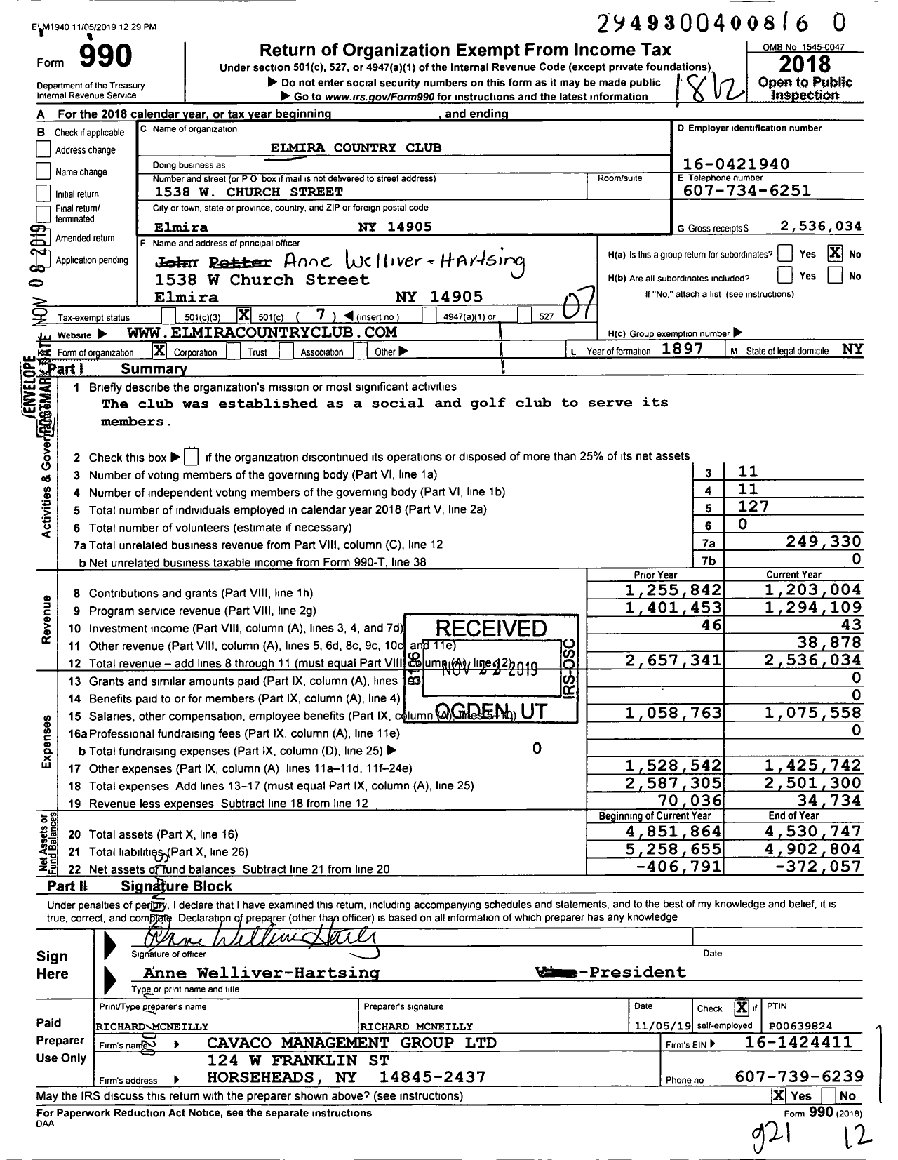 Image of first page of 2018 Form 990O for Elmira Country Club