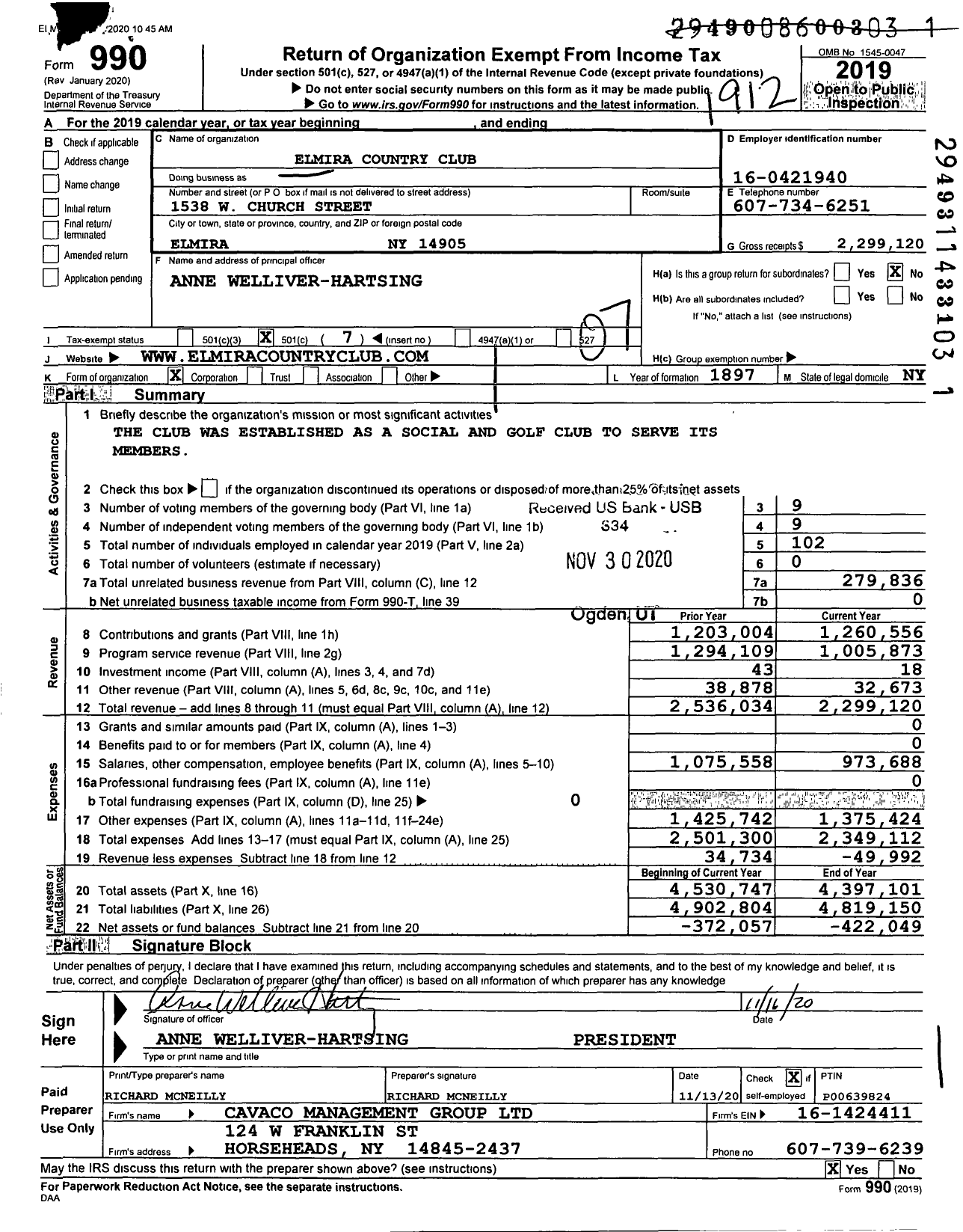 Image of first page of 2019 Form 990O for Elmira Country Club