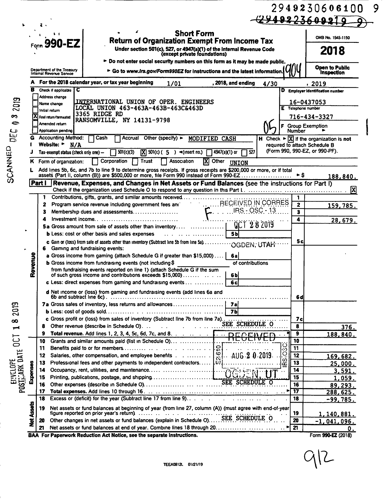 Image of first page of 2018 Form 990EO for International Union of Oper Engineers Local Union 463-463A-463B-463C&463D