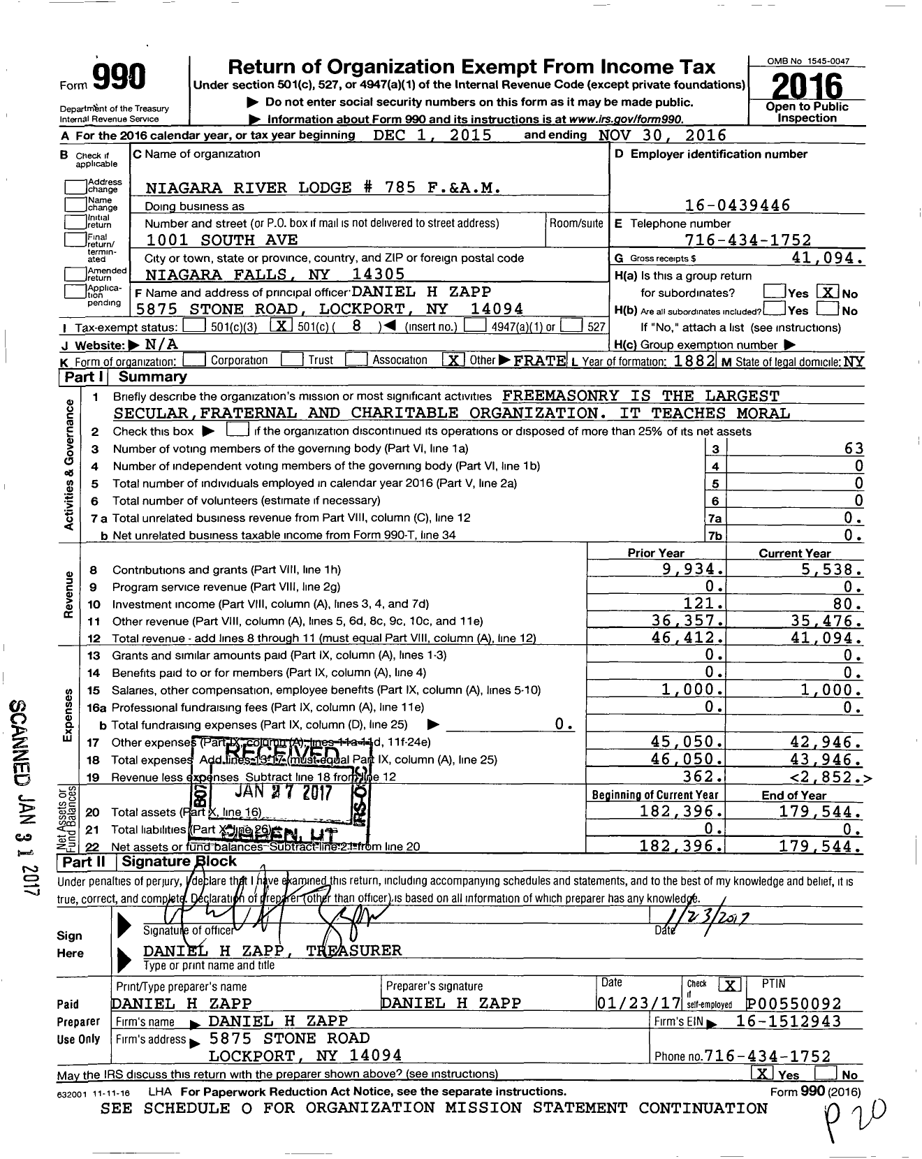 Image of first page of 2015 Form 990O for Free and Accepted Masons of New York - 785 Niagara River Lodge