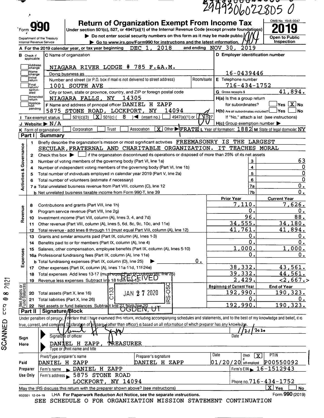 Image of first page of 2018 Form 990O for Free and Accepted Masons of New York - 785 Niagara River Lodge