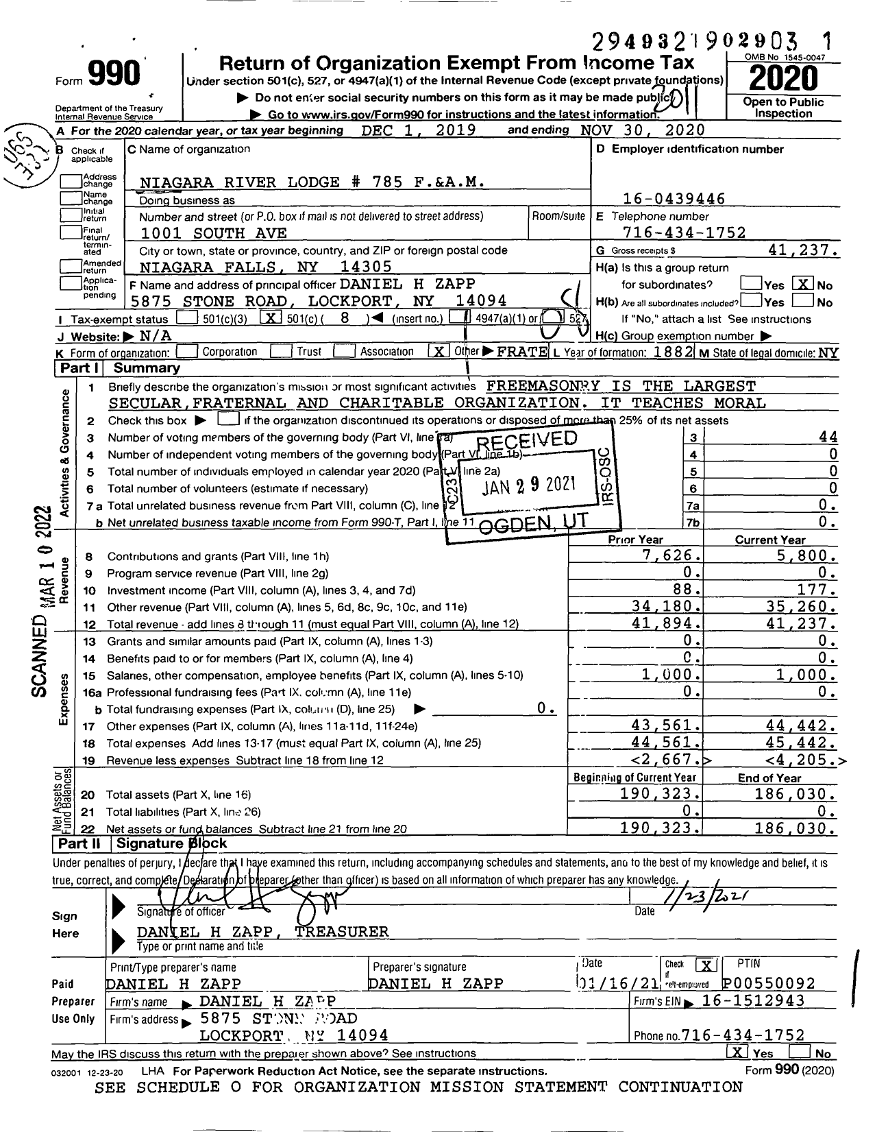 Image of first page of 2019 Form 990O for Free and Accepted Masons of New York - 785 Niagara River Lodge