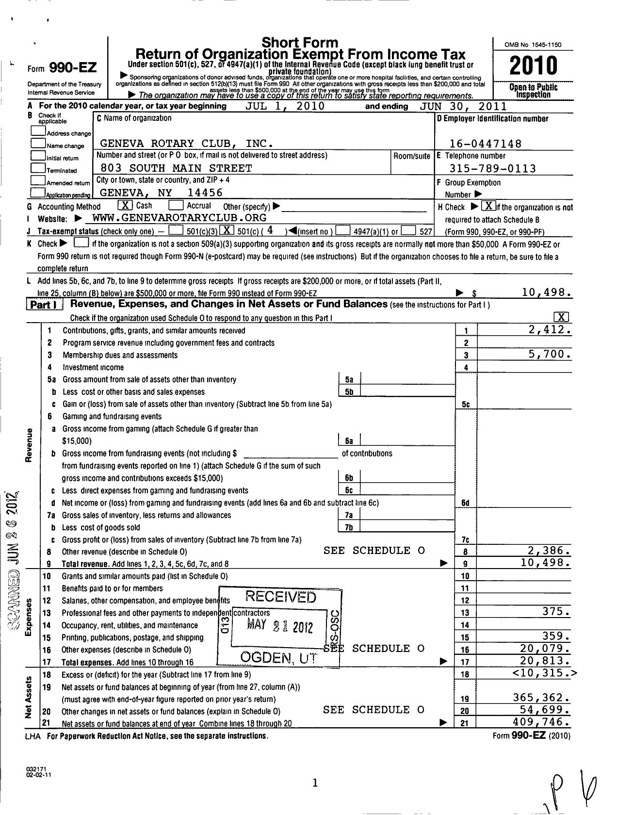 Image of first page of 2010 Form 990EO for Rotary International - Geneva Rotary Club