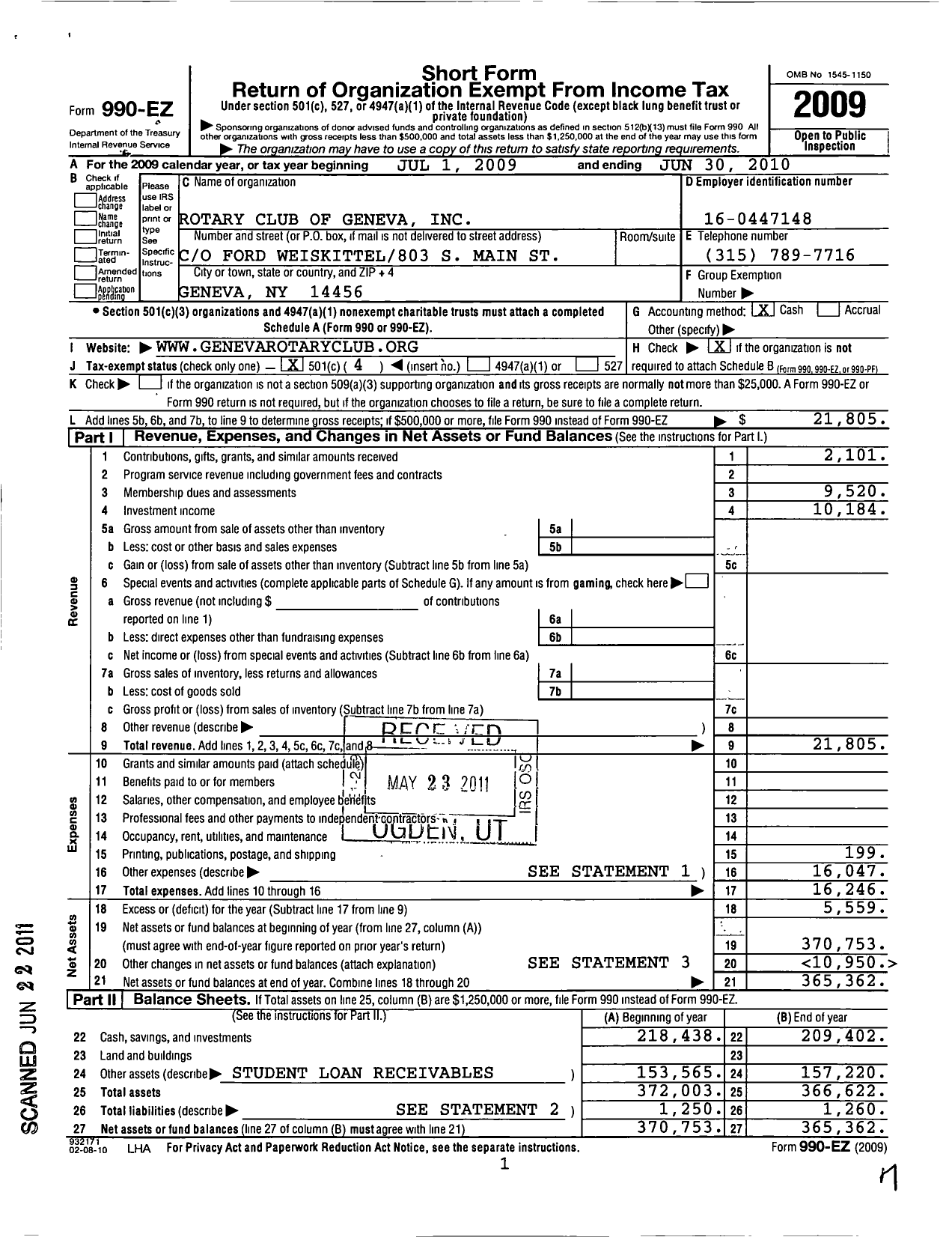 Image of first page of 2009 Form 990EO for Rotary International - Geneva Rotary Club