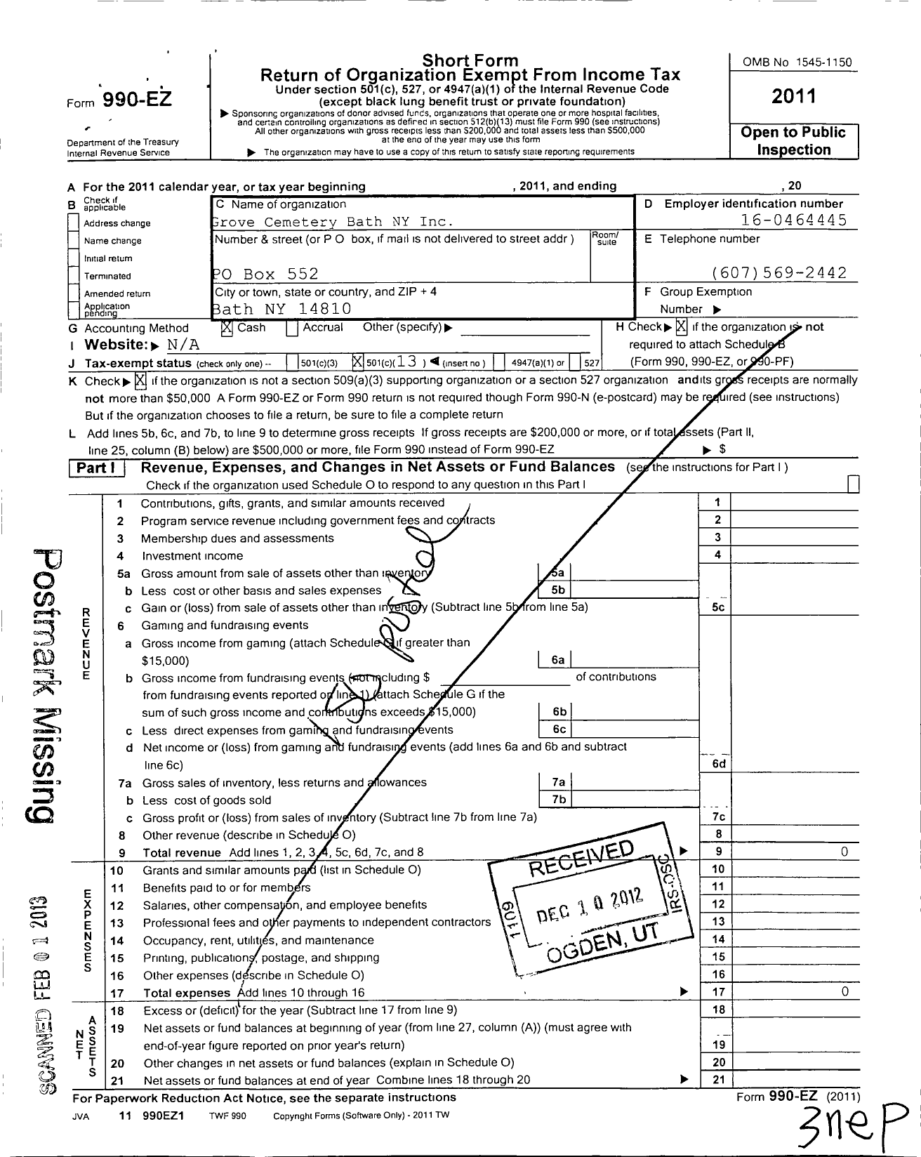 Image of first page of 2011 Form 990EO for Grove Cemetery Bath N Y