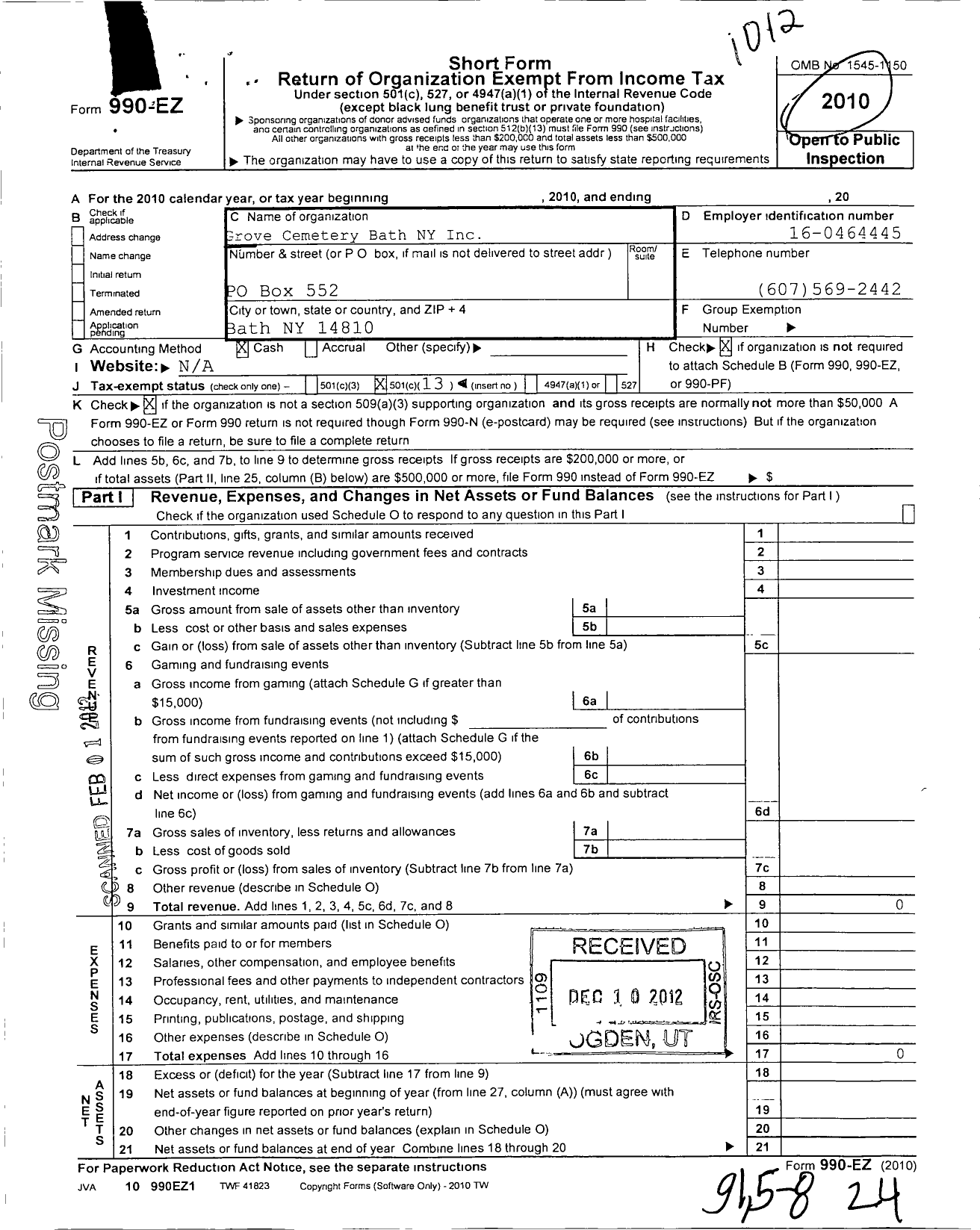 Image of first page of 2010 Form 990EO for Grove Cemetery Bath N Y