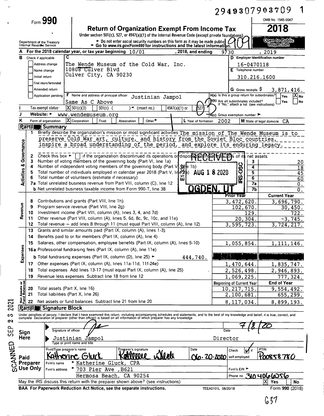 Image of first page of 2018 Form 990 for The Wende Museum