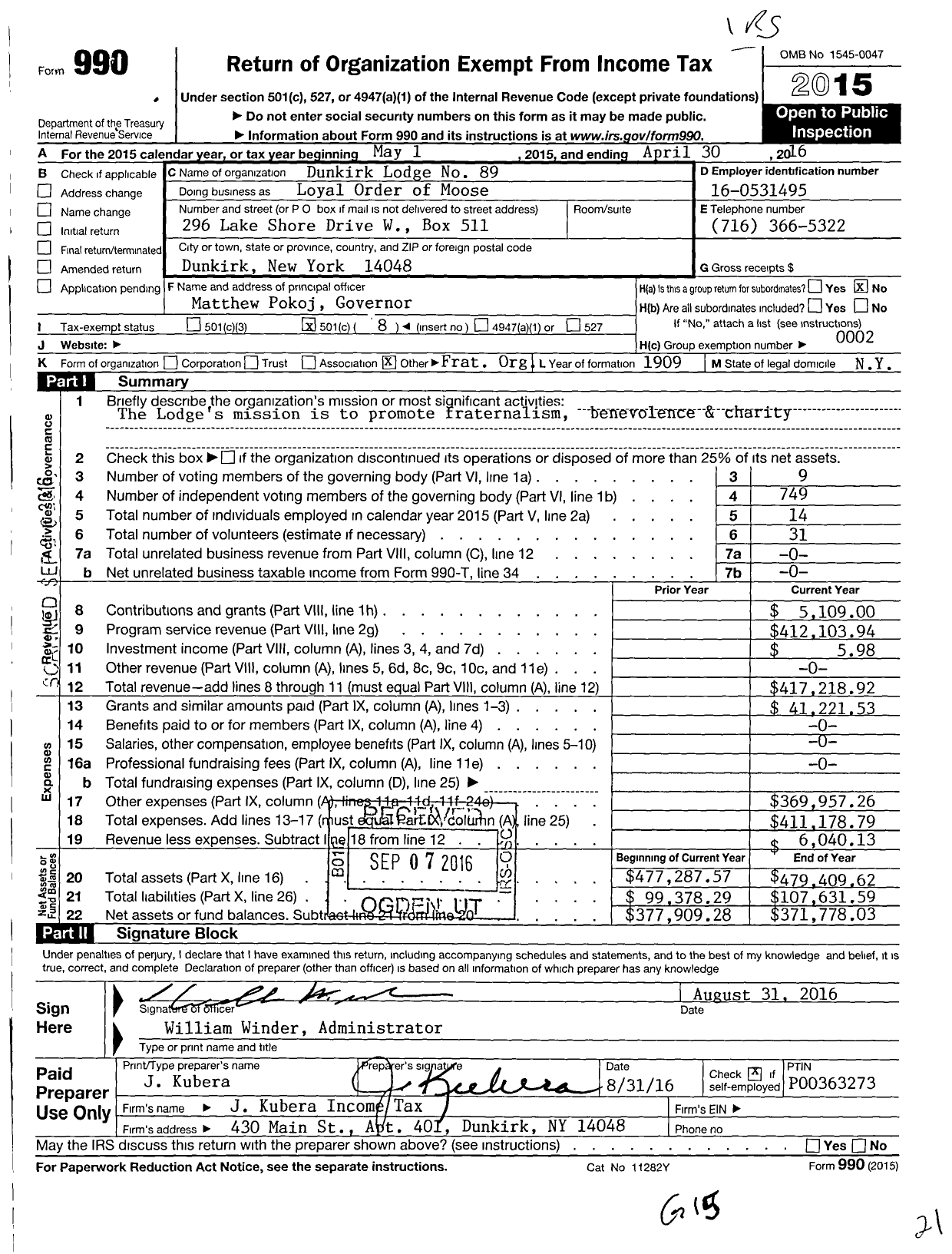 Image of first page of 2015 Form 990O for Loyal Order of Moose - 89