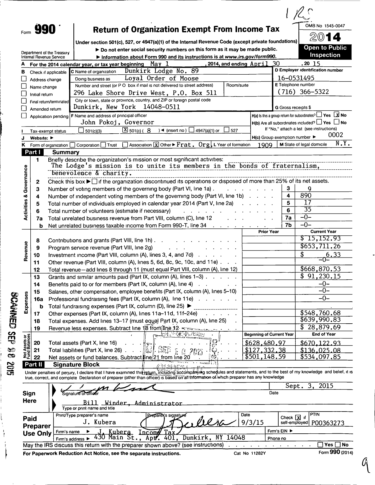 Image of first page of 2014 Form 990O for Loyal Order of Moose - 89