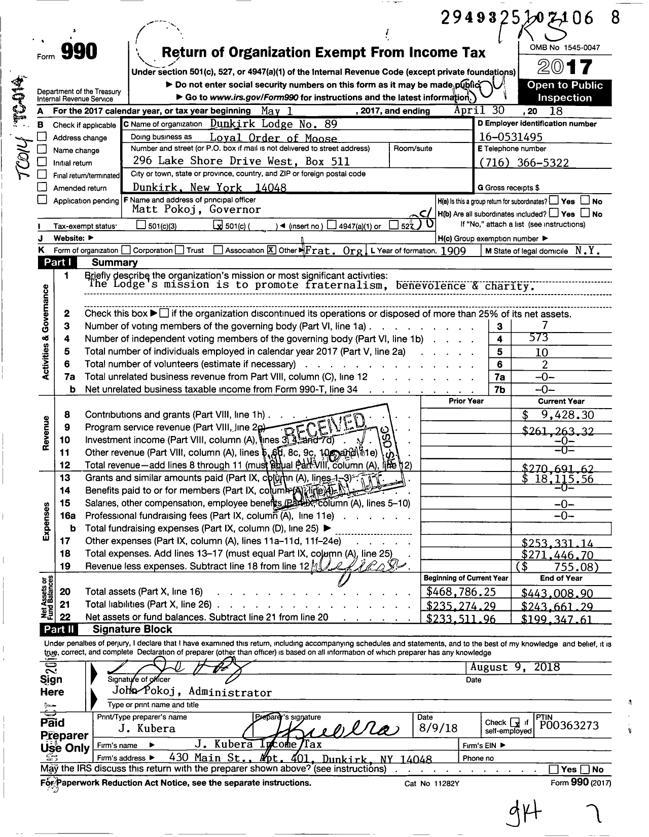 Image of first page of 2017 Form 990O for Loyal Order of Moose - 89