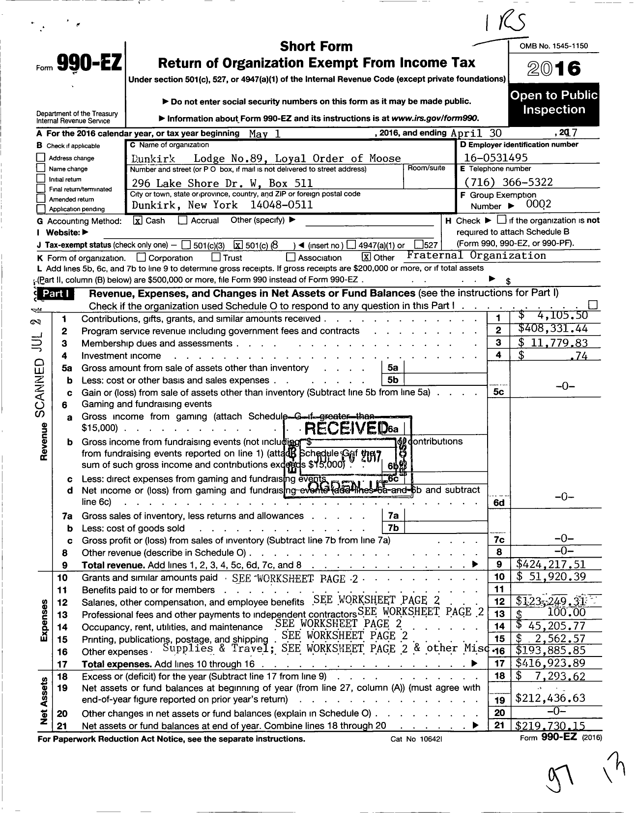 Image of first page of 2016 Form 990EO for Loyal Order of Moose - 89