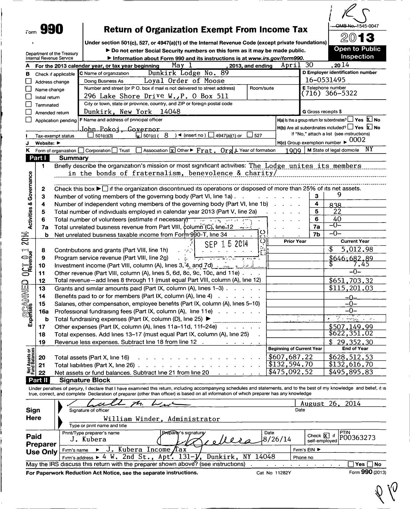 Image of first page of 2013 Form 990O for Loyal Order of Moose - 89