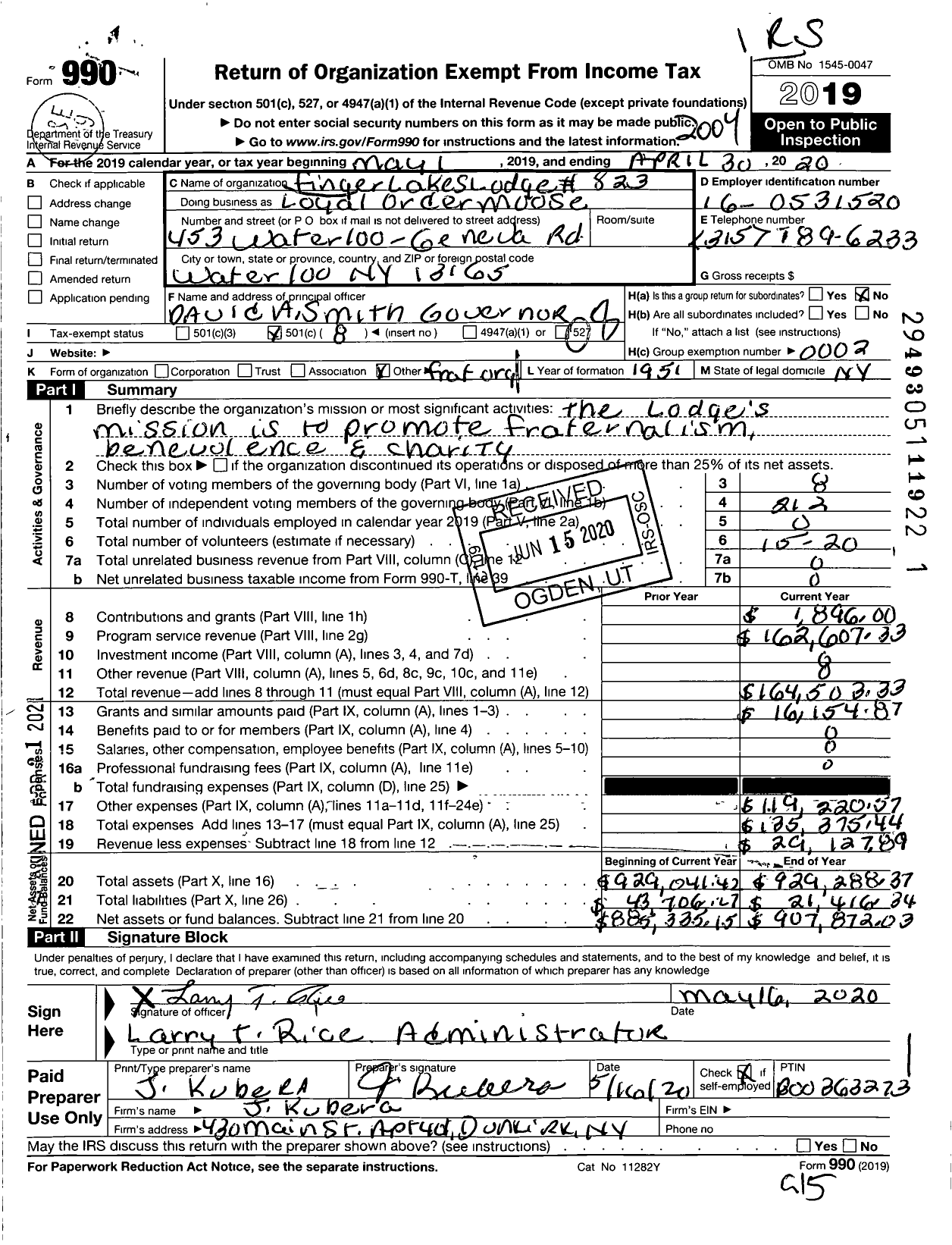 Image of first page of 2019 Form 990O for Loyal Order of Moose - Finger Lakes Moose Lodge