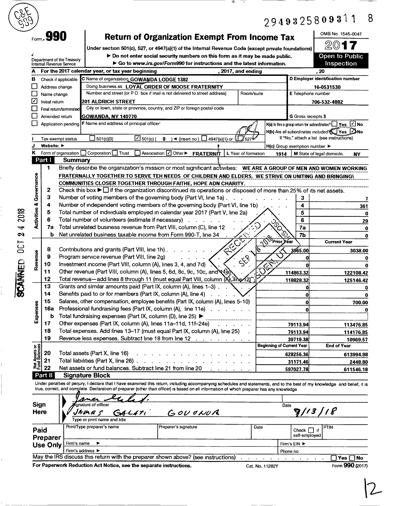 Image of first page of 2017 Form 990O for LOYAL ORDER of Moose - GOWANDA LODGE NO 1382 LOYAL ORDER of Moose